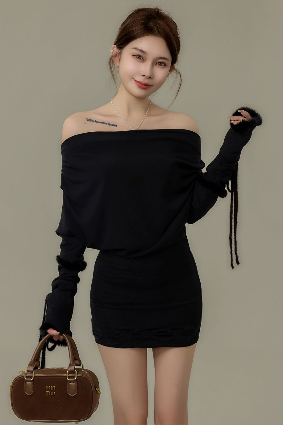 lace-up off-shoulder fur trim one-piece DL1500