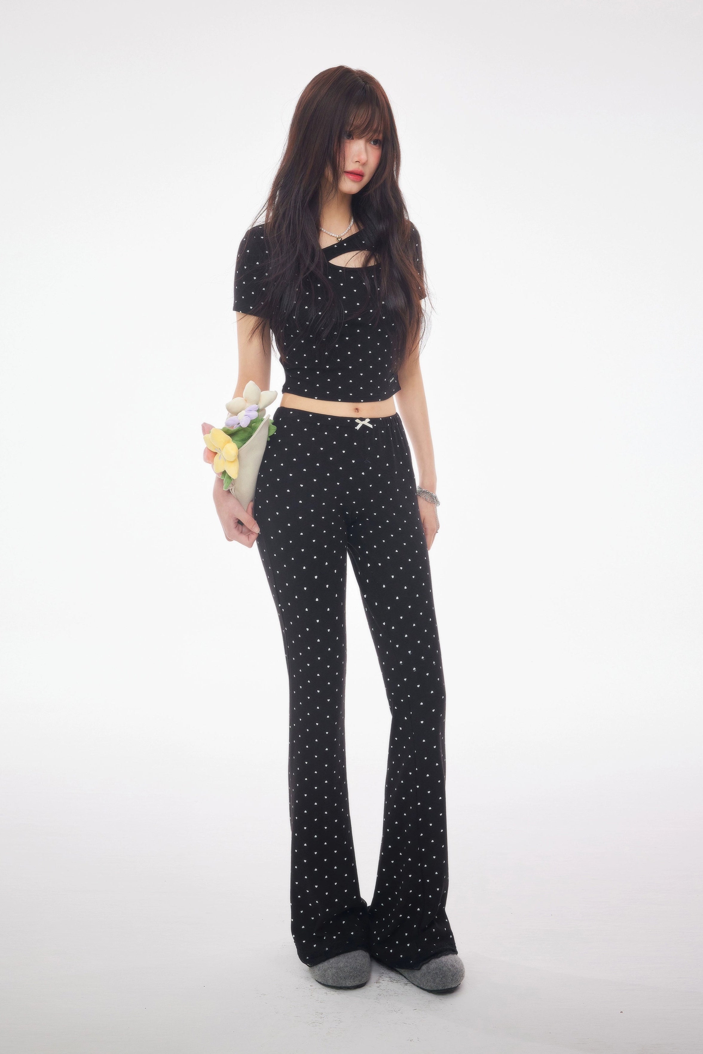 heart dot front ribbon flared pants DL1396