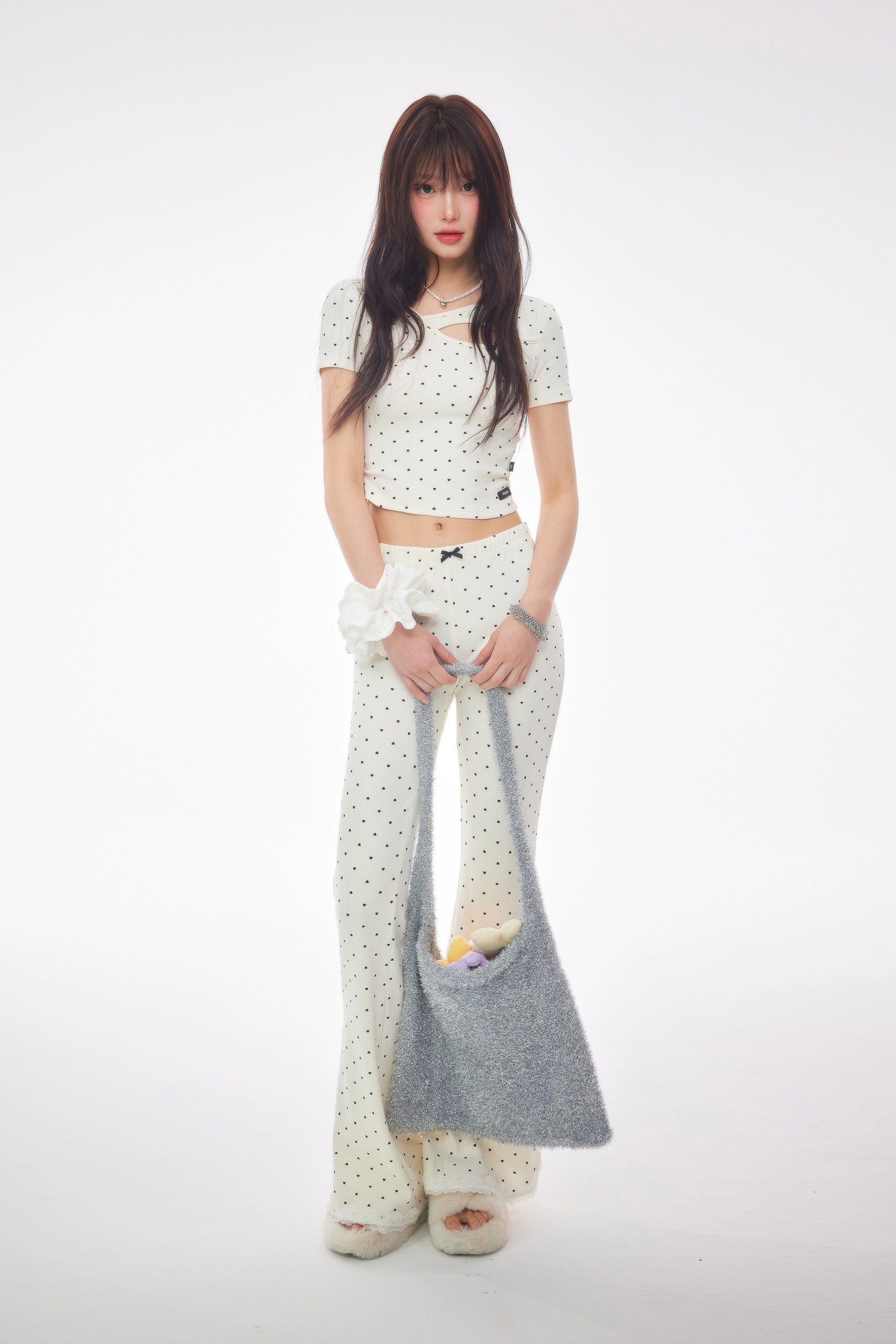 heart dot front ribbon flared pants DL1396