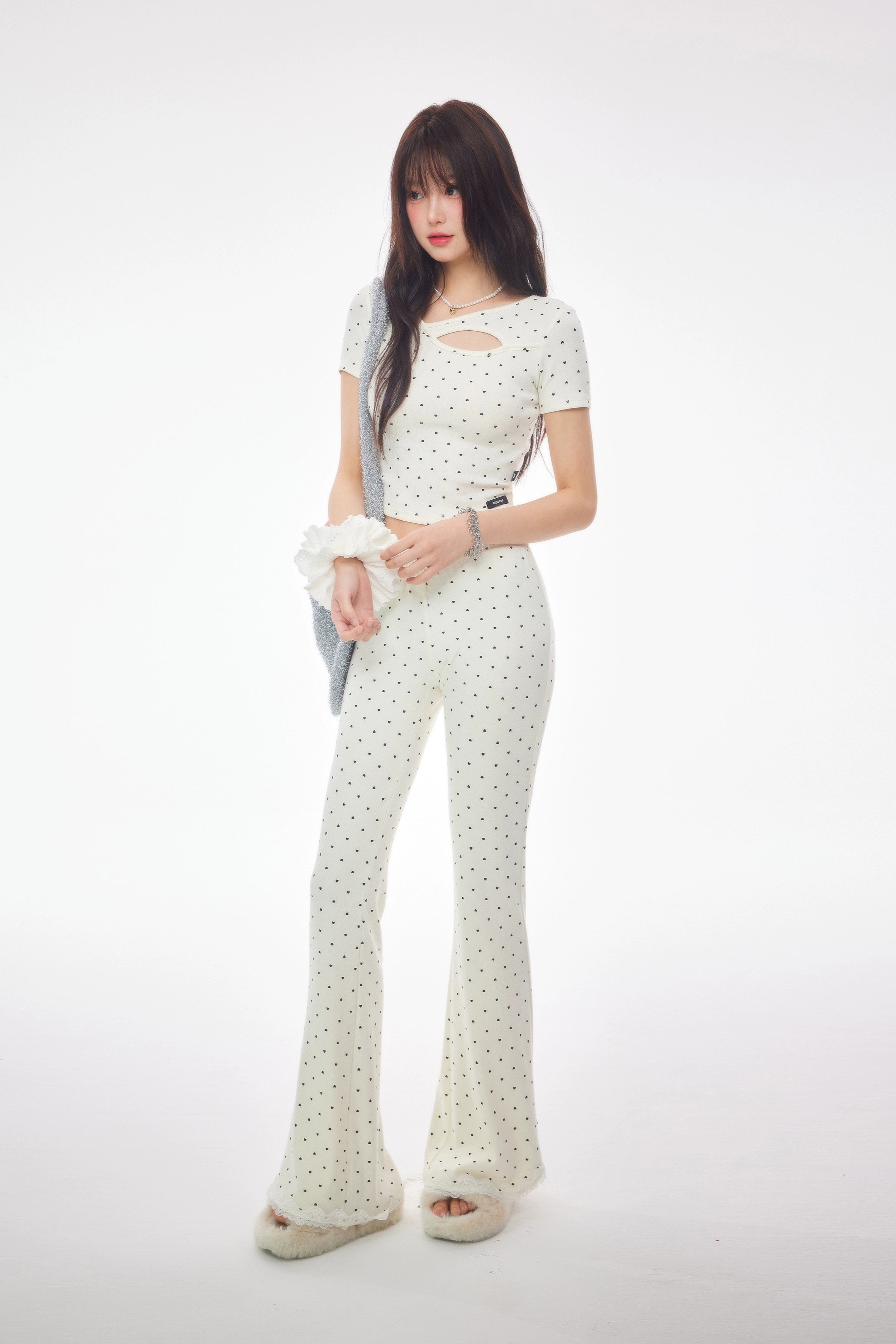 heart dot front ribbon flared pants DL1396