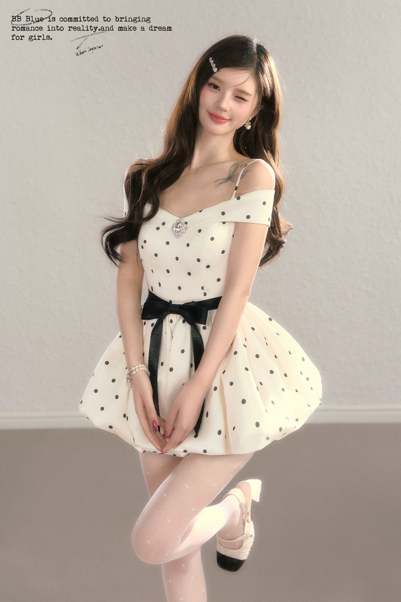 dot ribbon balloon mini dress DL1515