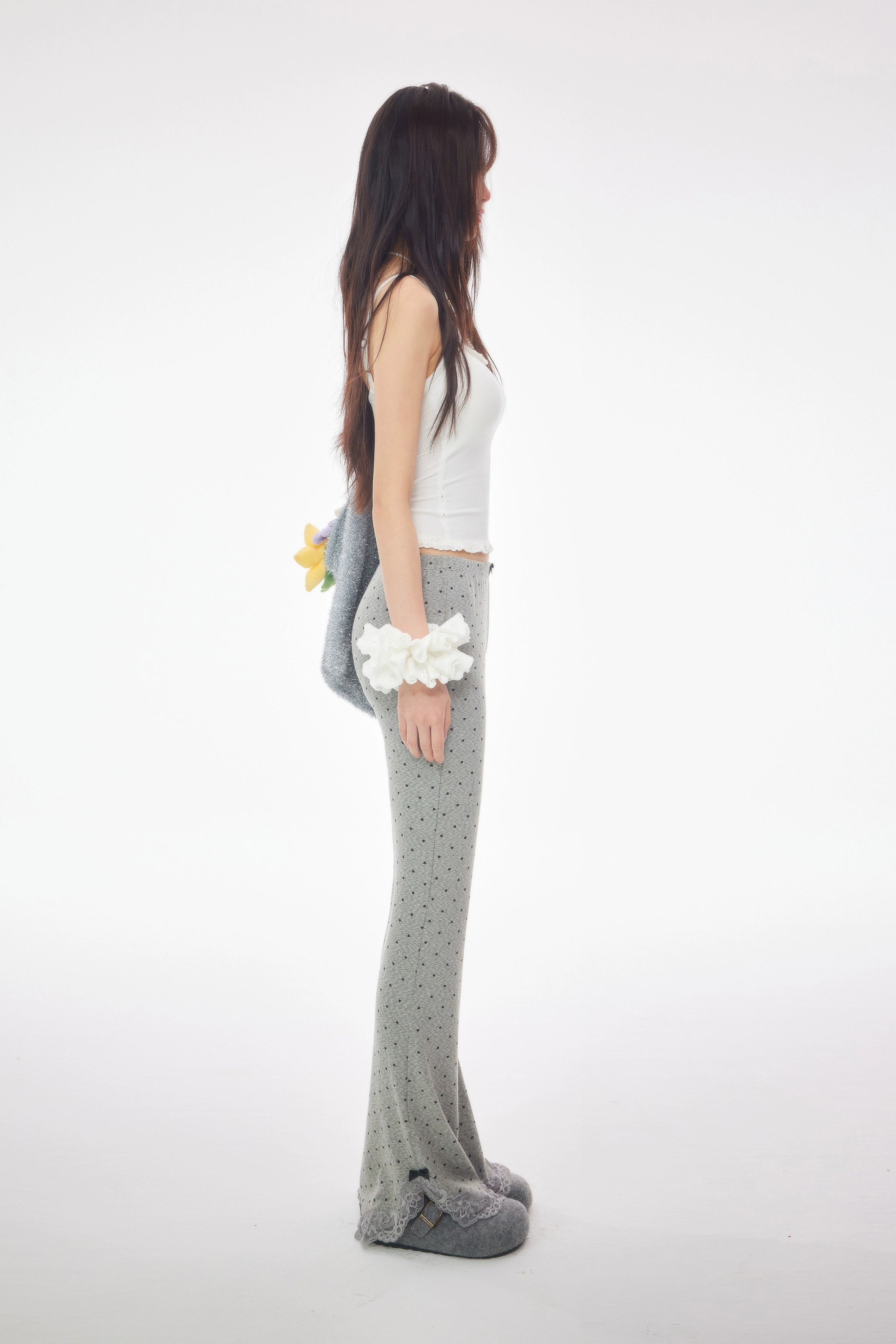 heart dot front ribbon flared pants DL1396