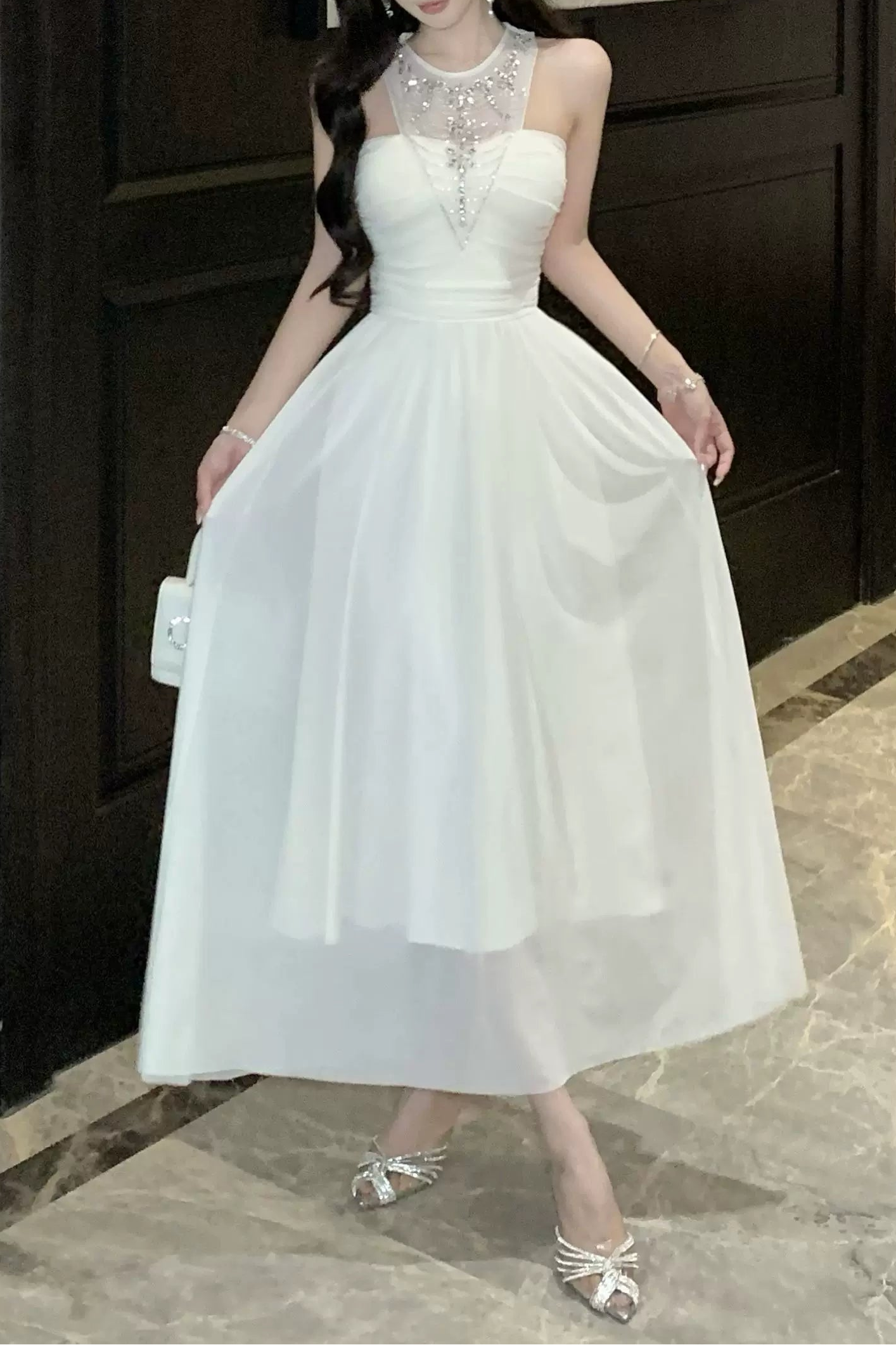 sheer bijou neckline long dress DL1502