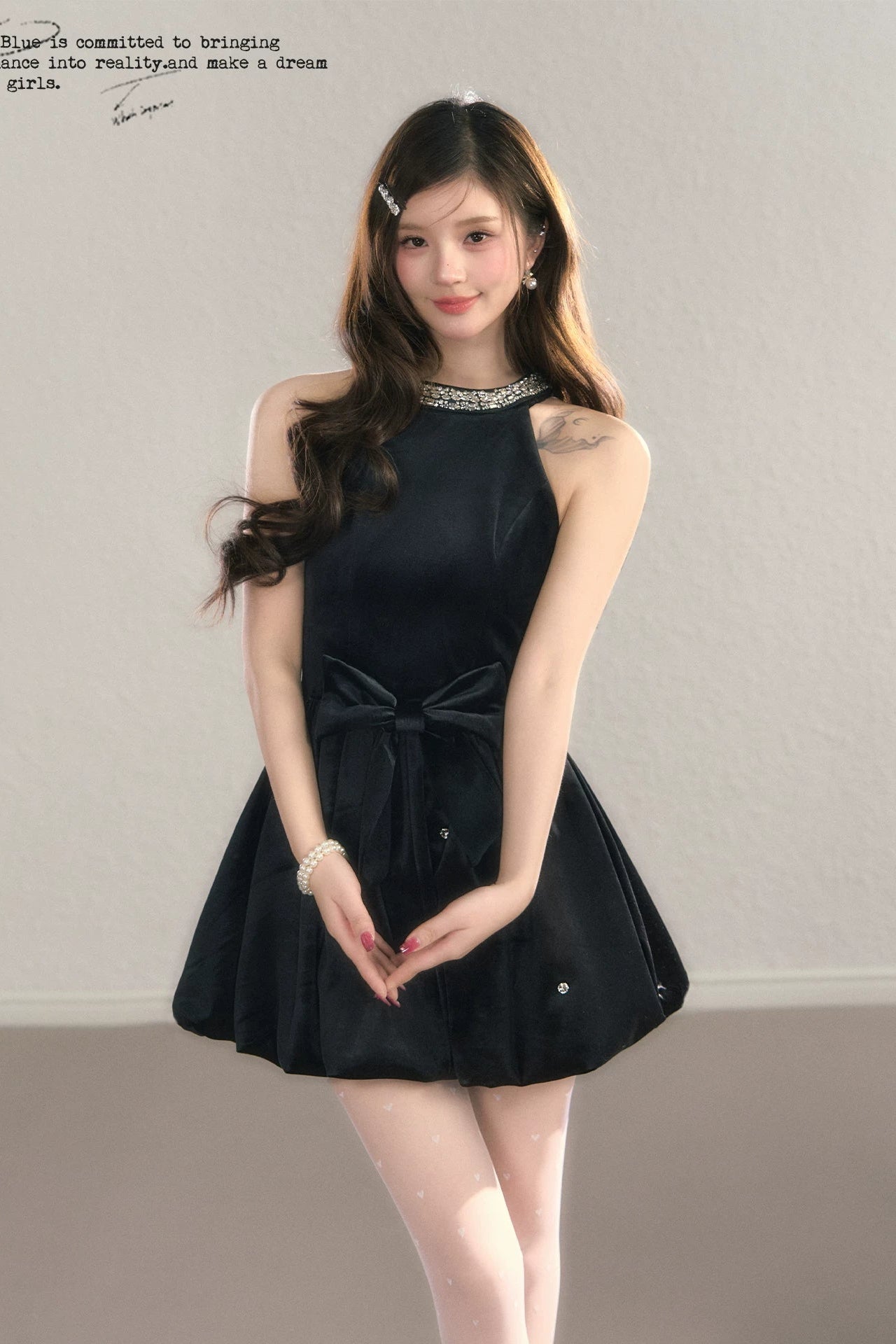 crystal neck ribbon flare mini dress DL1514