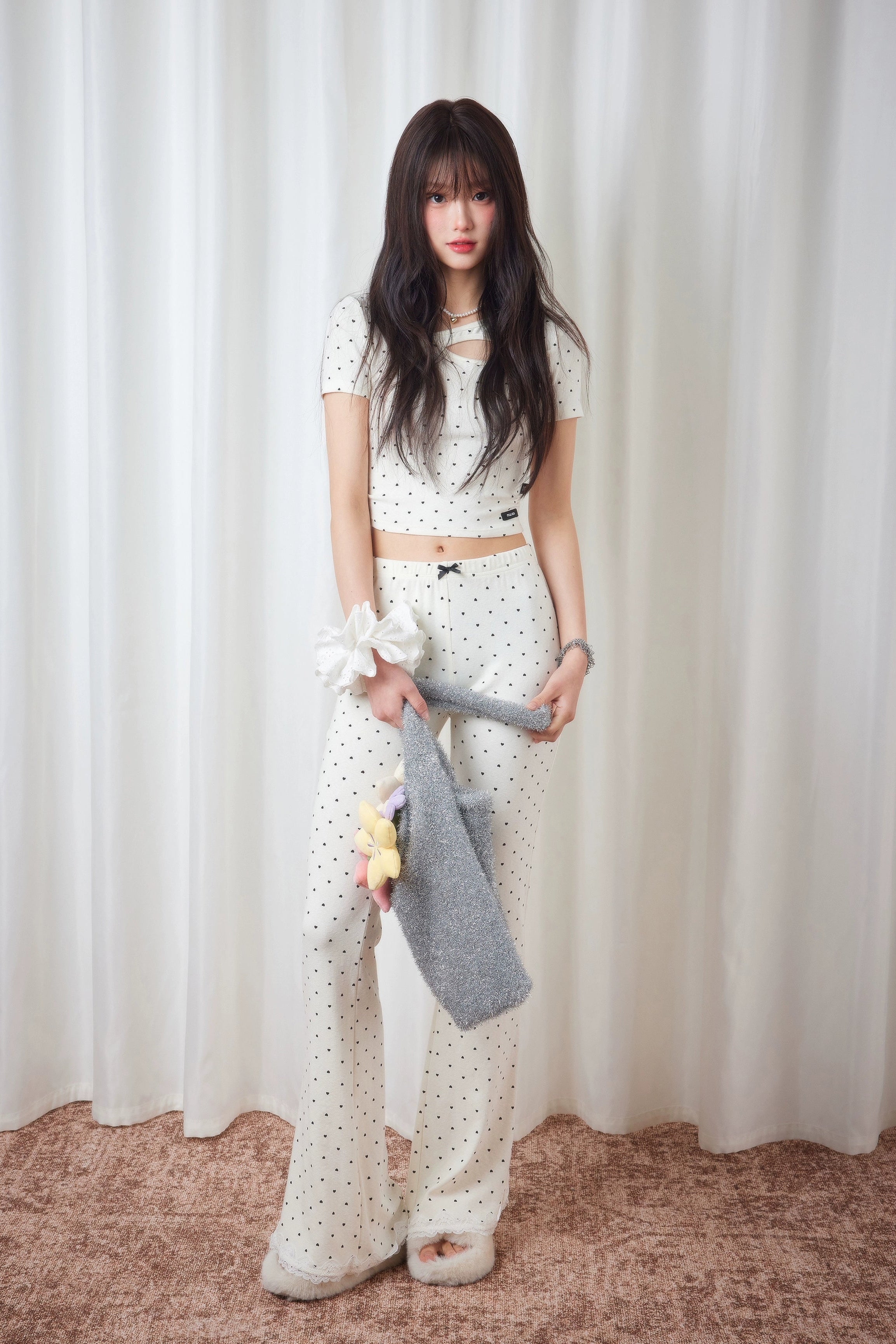 heart dot front ribbon flared pants DL1396
