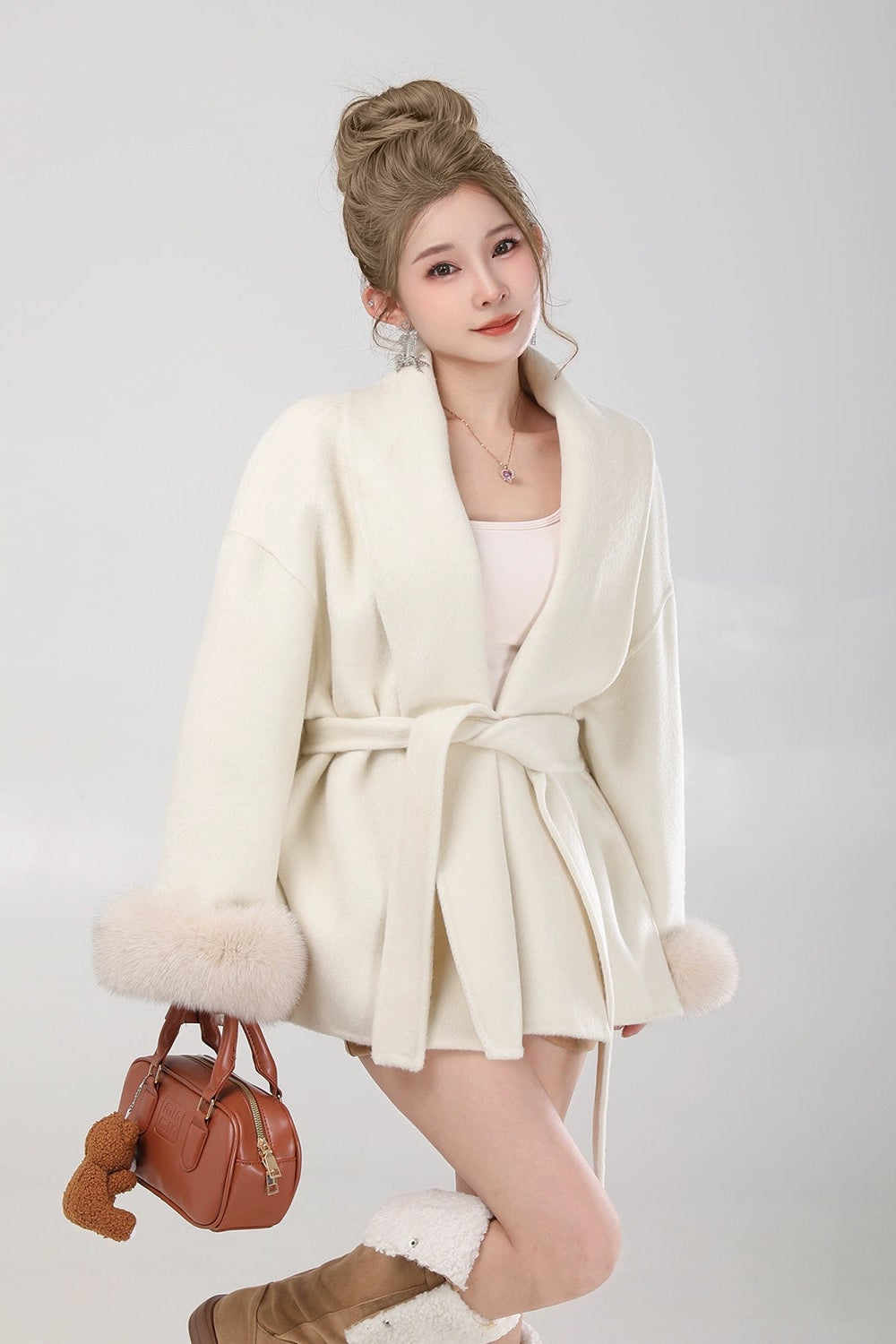 elegant belted fur sleeve jacket DL1425