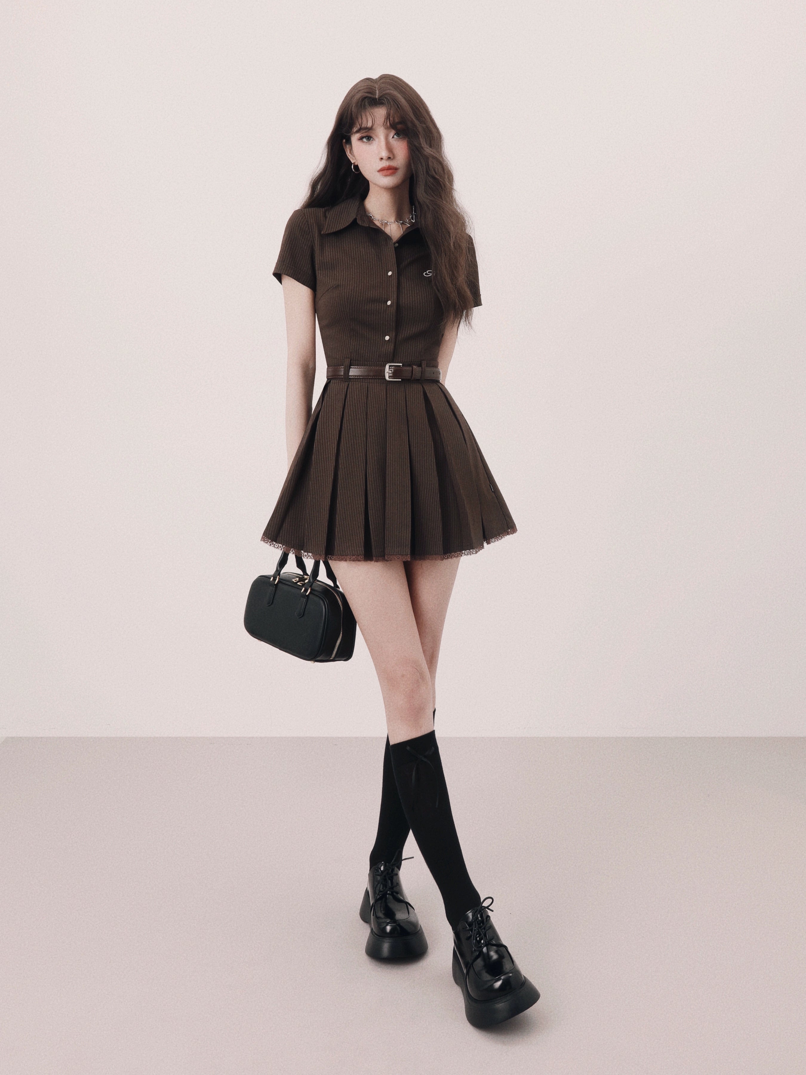 【재판매】brown pleats trend one-piece DL1148