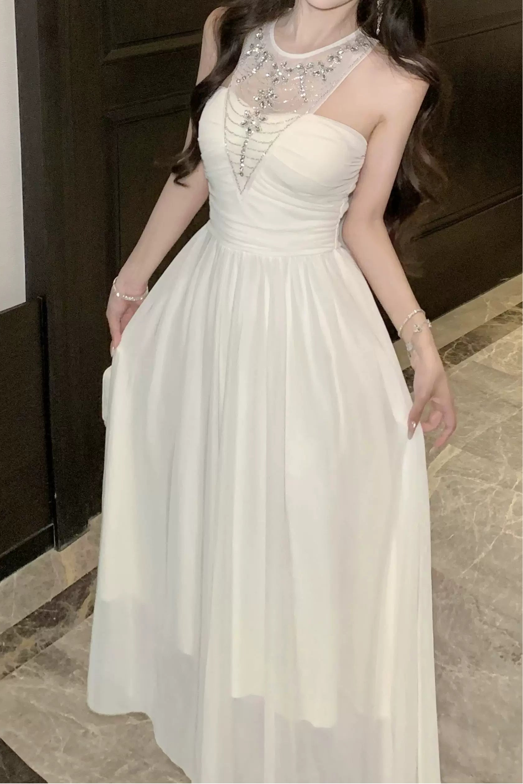 sheer bijou neckline long dress DL1502