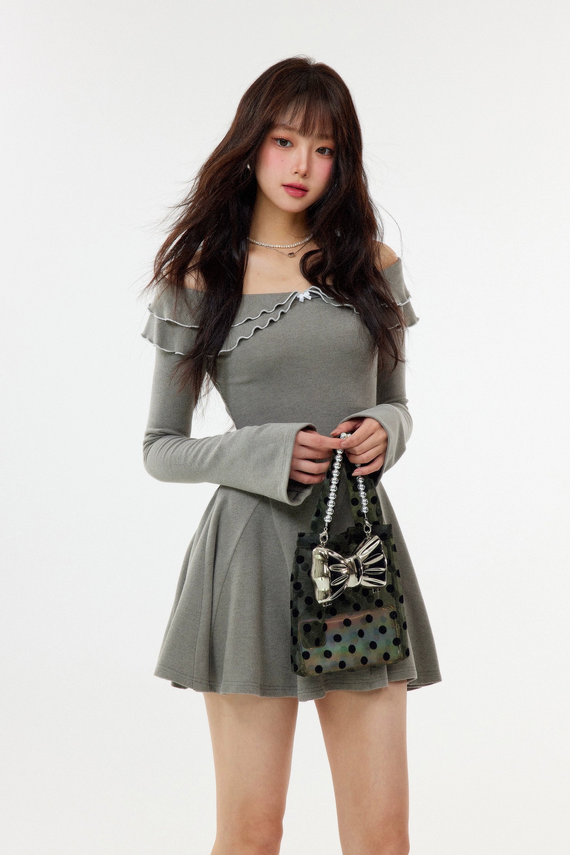 ruffle collar ribbon one-piece DL1452