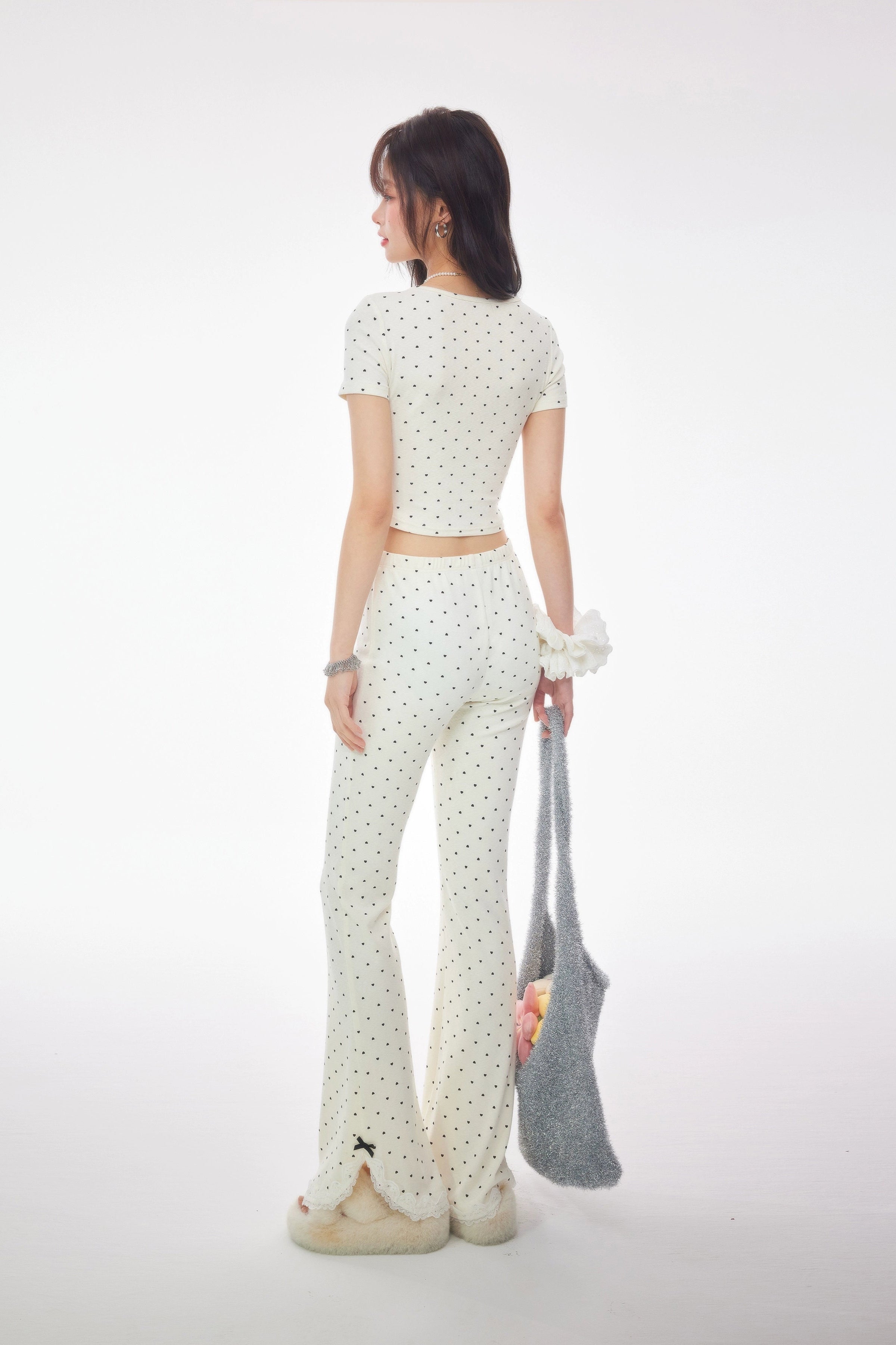 heart dot front ribbon flared pants DL1396