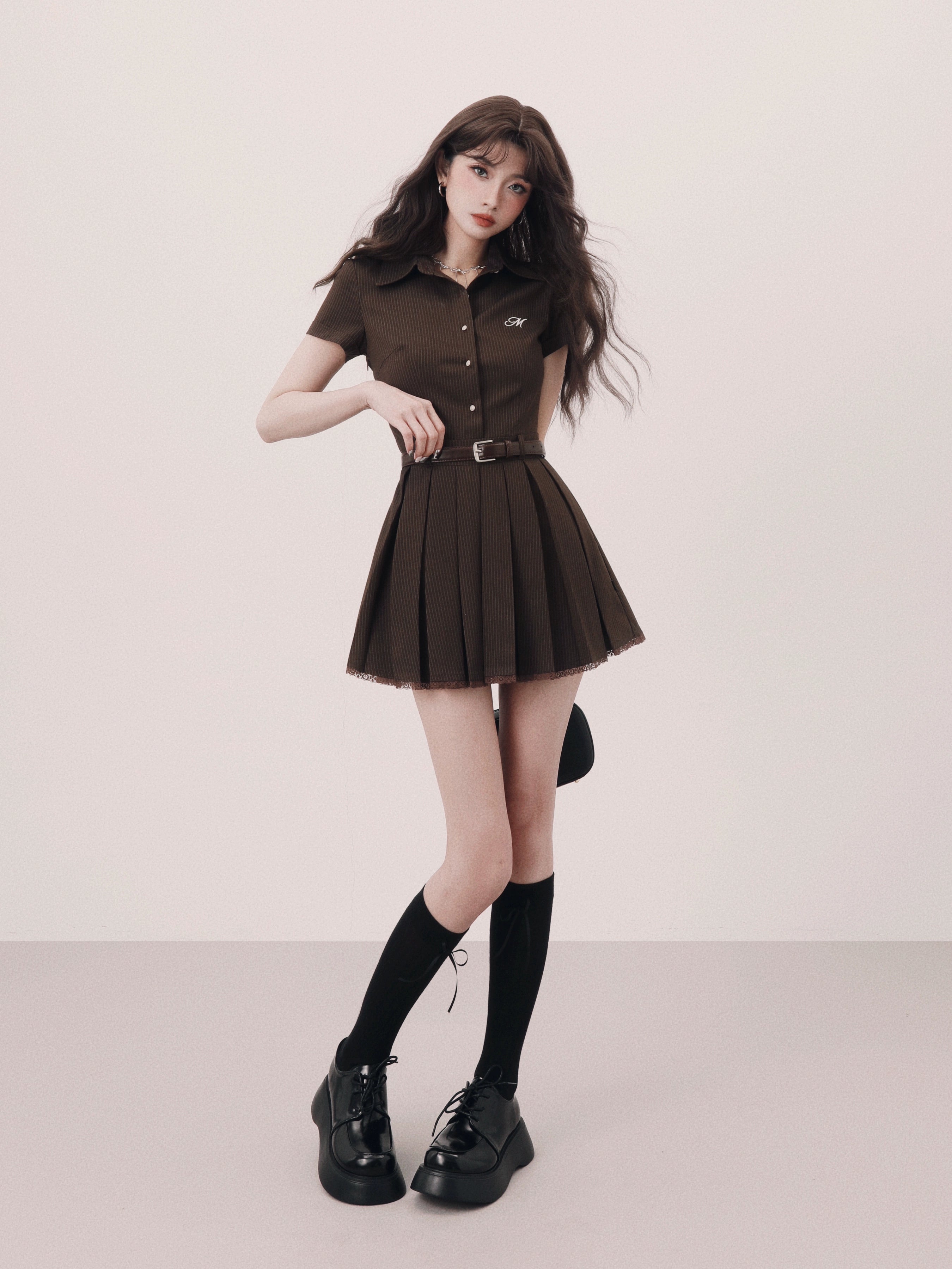 【재판매】brown pleats trend one-piece DL1148