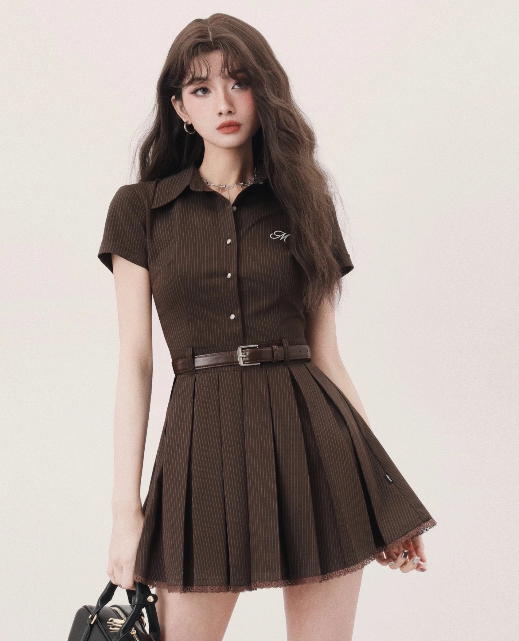 【最終値下げ】LEDIONE ベアワンピ　タイトミニ　ブラウン　S brown pleats trend one-piece DL1148