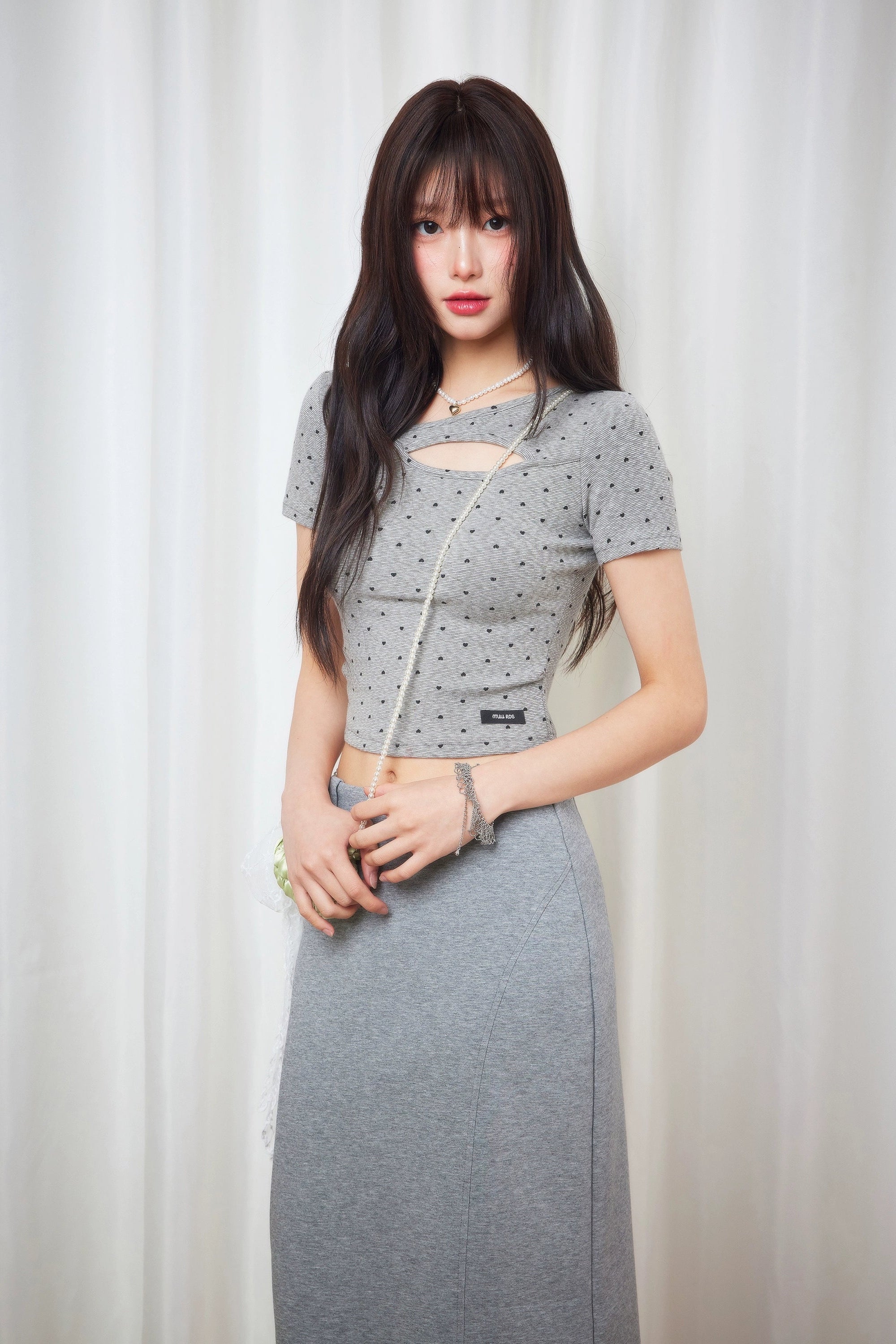 heart dot Ribbon open front tops DL1397