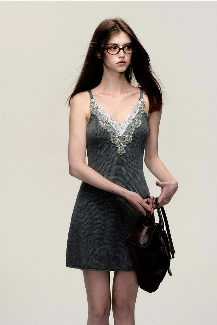 summer waist vneck knit halter dress DL10007