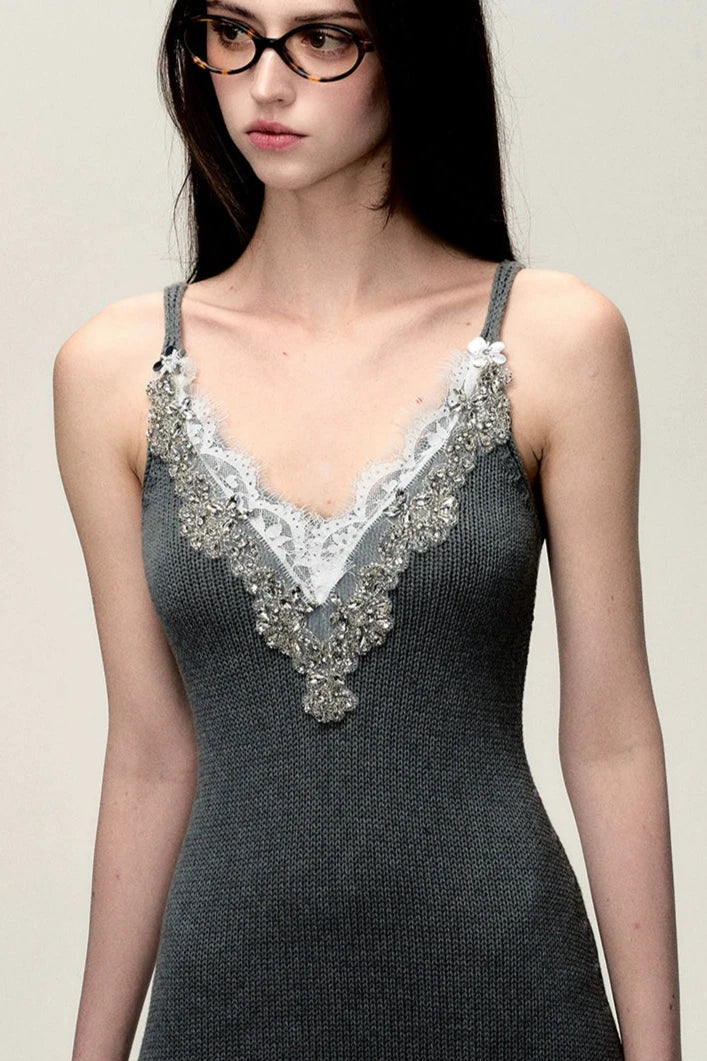 summer waist vneck knit halter dress DL10007