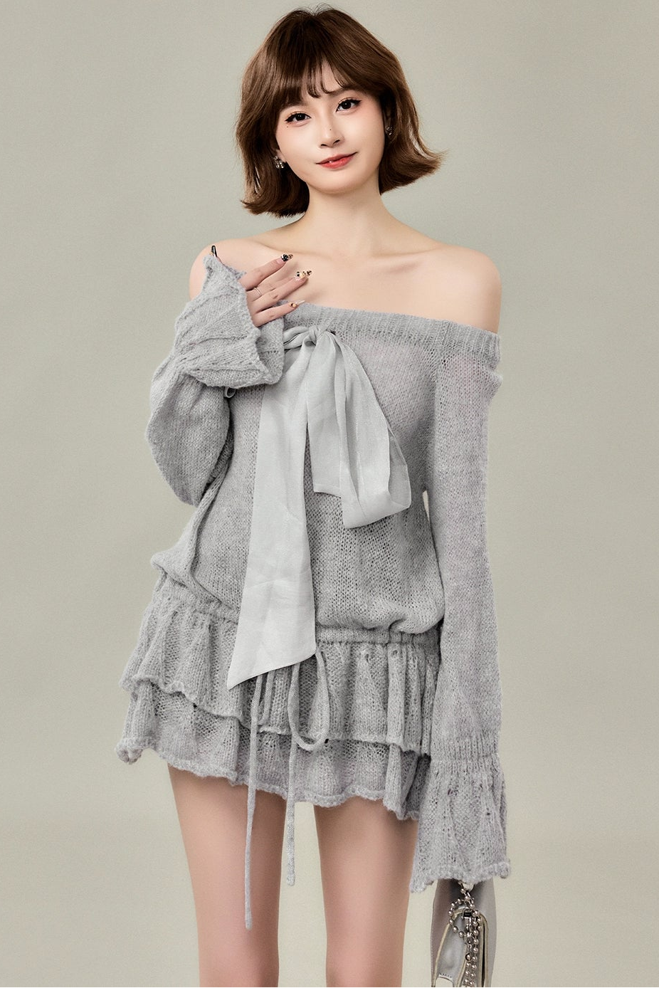 ribbon off-shoulder knit one-piece DL1492