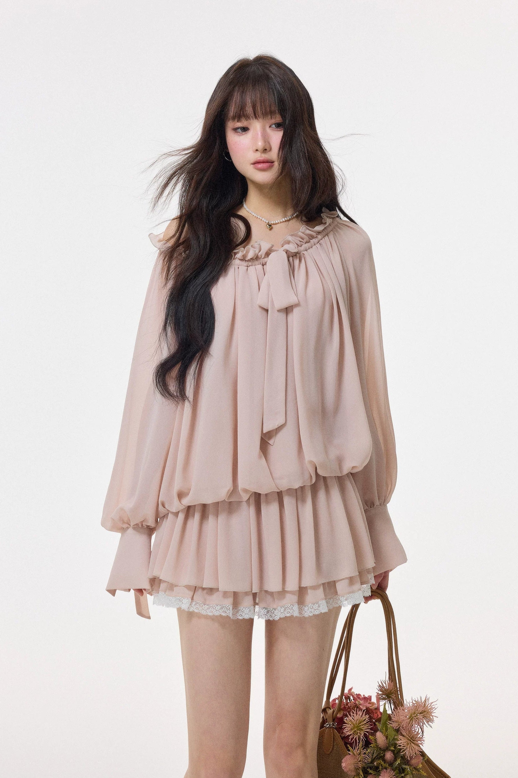 chiffon bow tie pleated mini one-piece DL1518