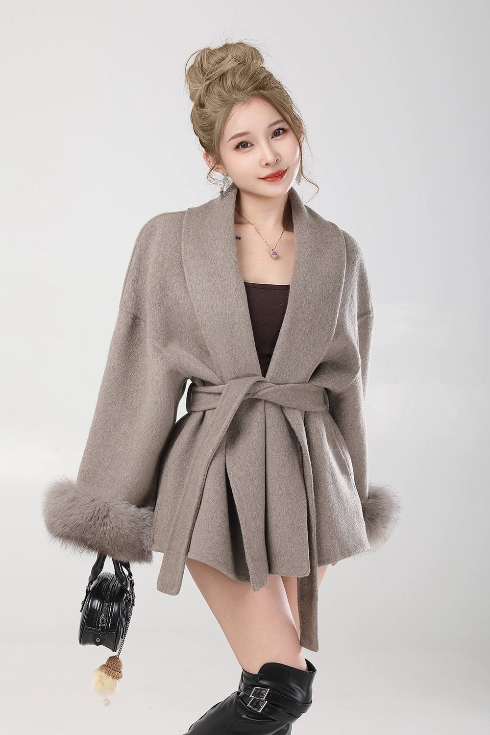elegant belted fur sleeve jacket DL1425