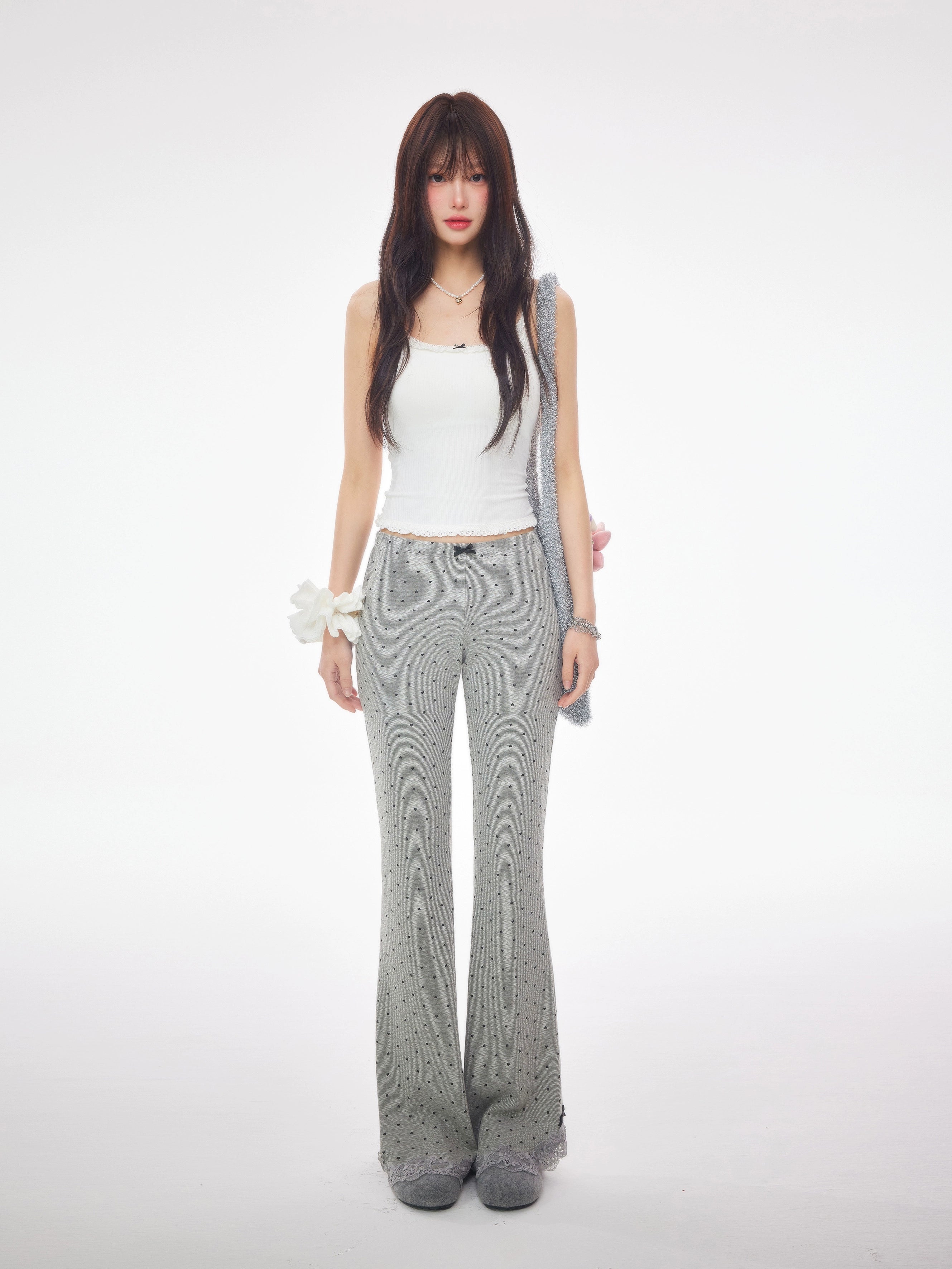 heart dot front ribbon flared pants DL1396