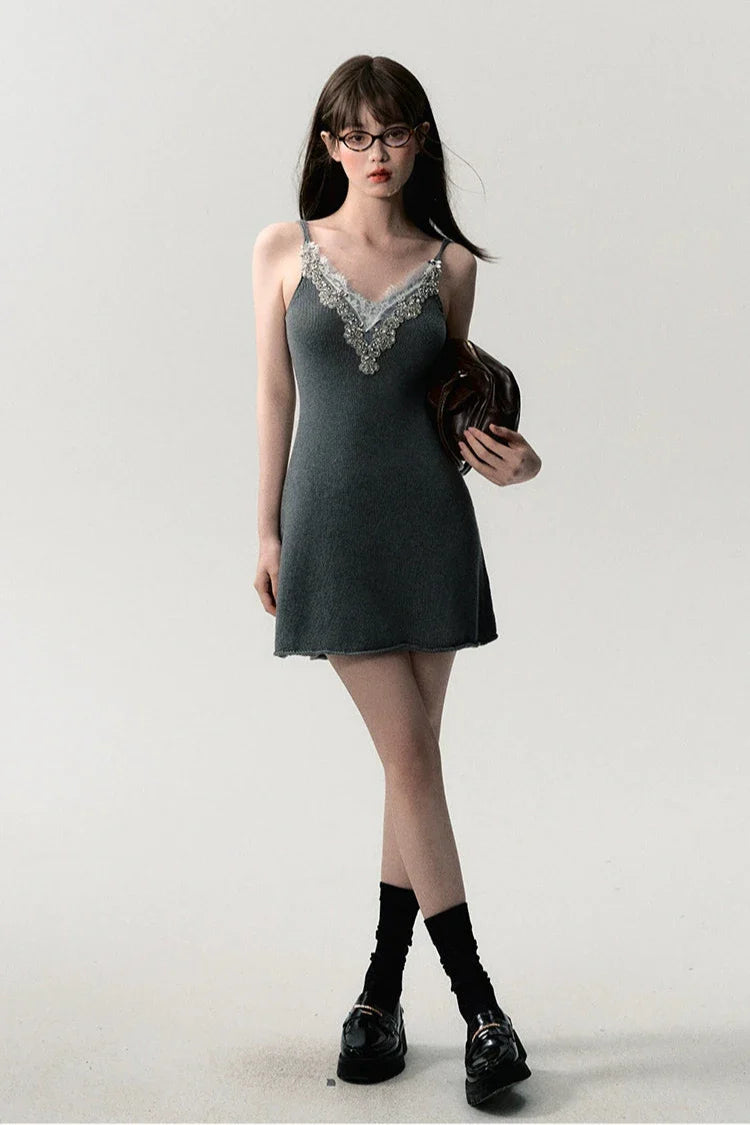 summer waist vneck knit halter dress DL10007