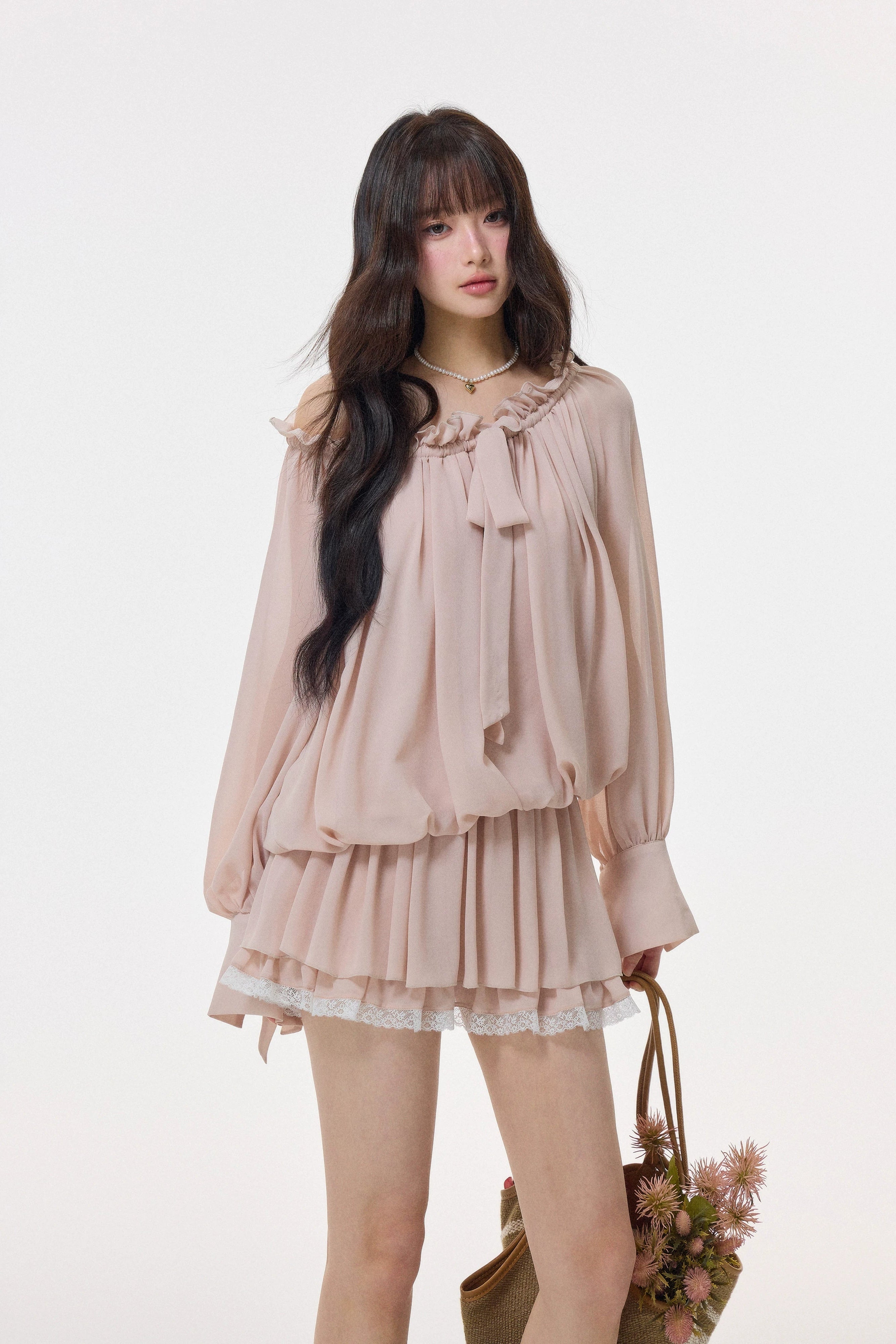 chiffon bow tie pleated mini one-piece DL1518