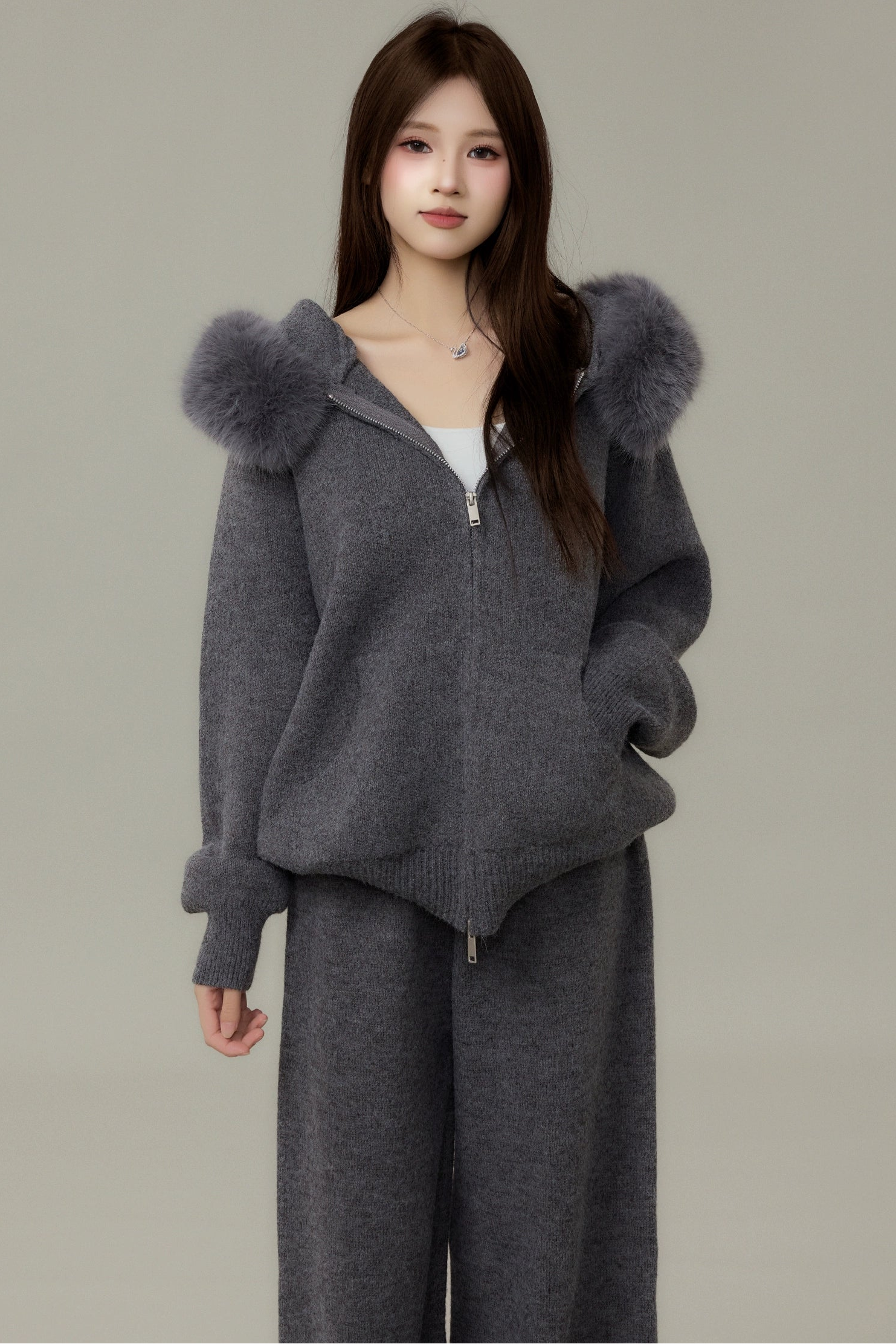 faux fur hoodie knit set DL1491