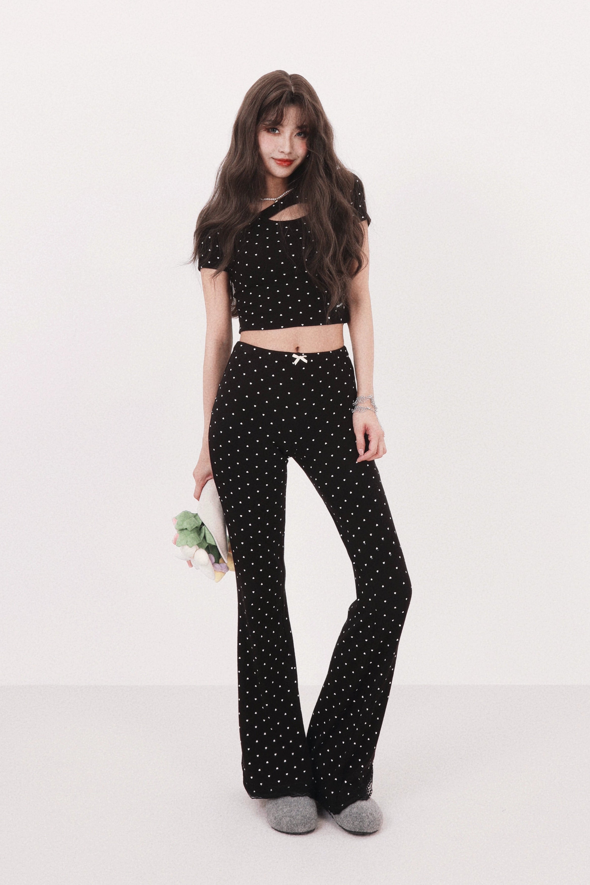 heart dot front ribbon flared pants DL1396