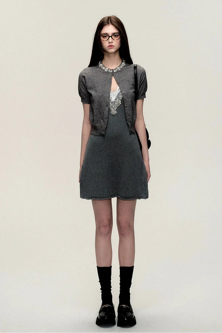 summer waist vneck knit halter dress DL10007