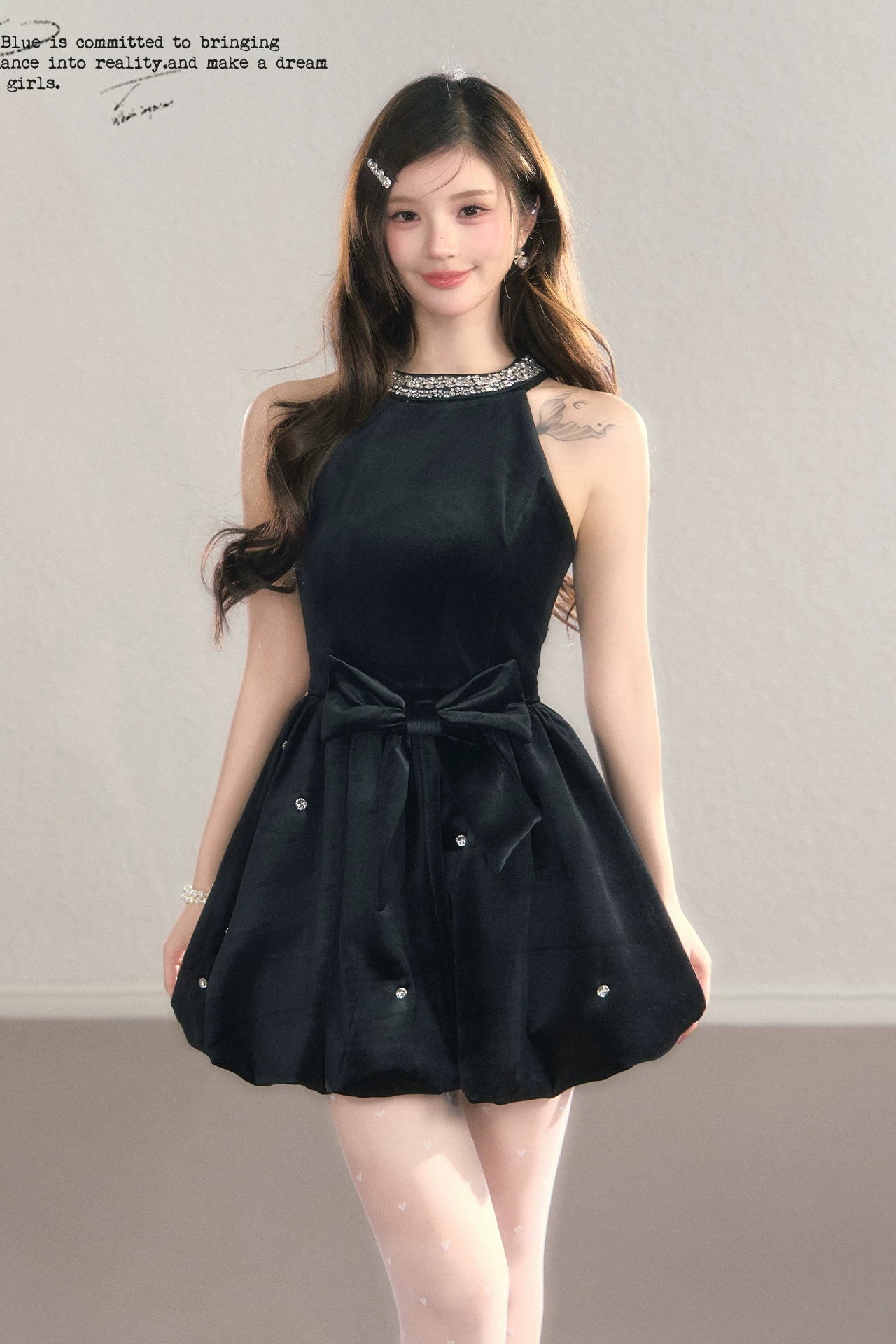 crystal neck ribbon flare mini dress DL1514