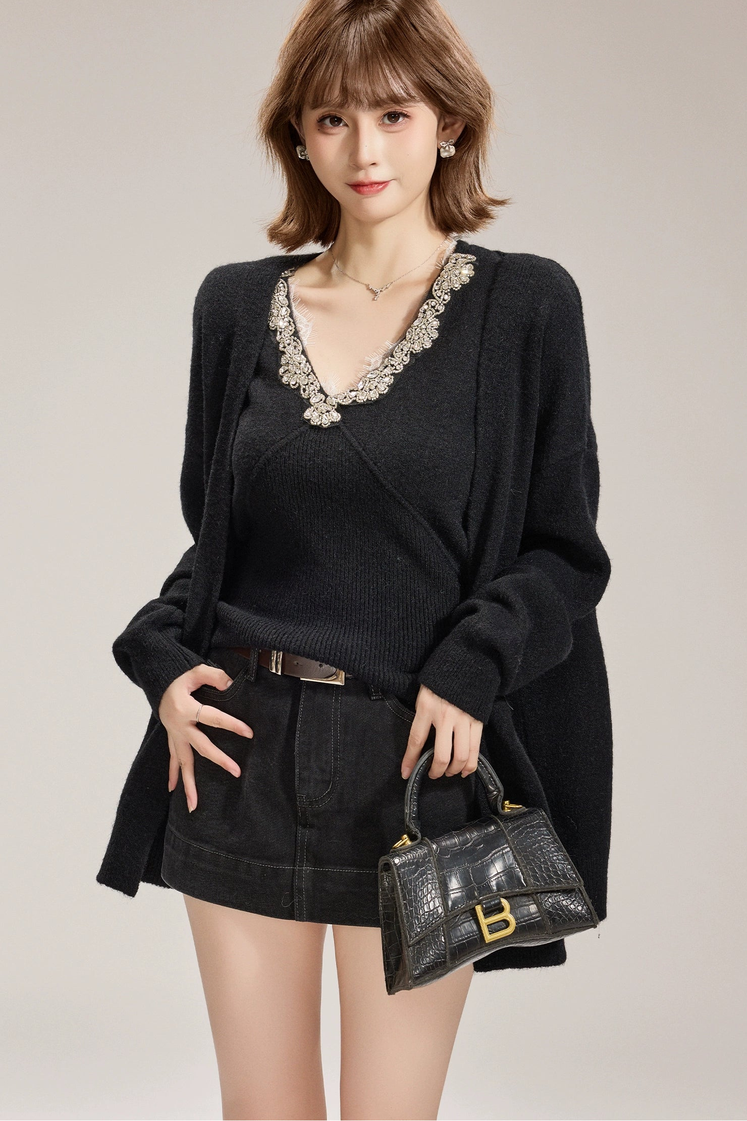 beaded v-neck knit set DL1470