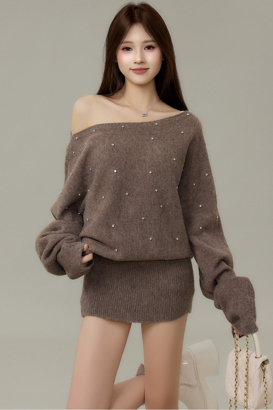 pearl glow off-shoulder knit one-piece DL1488