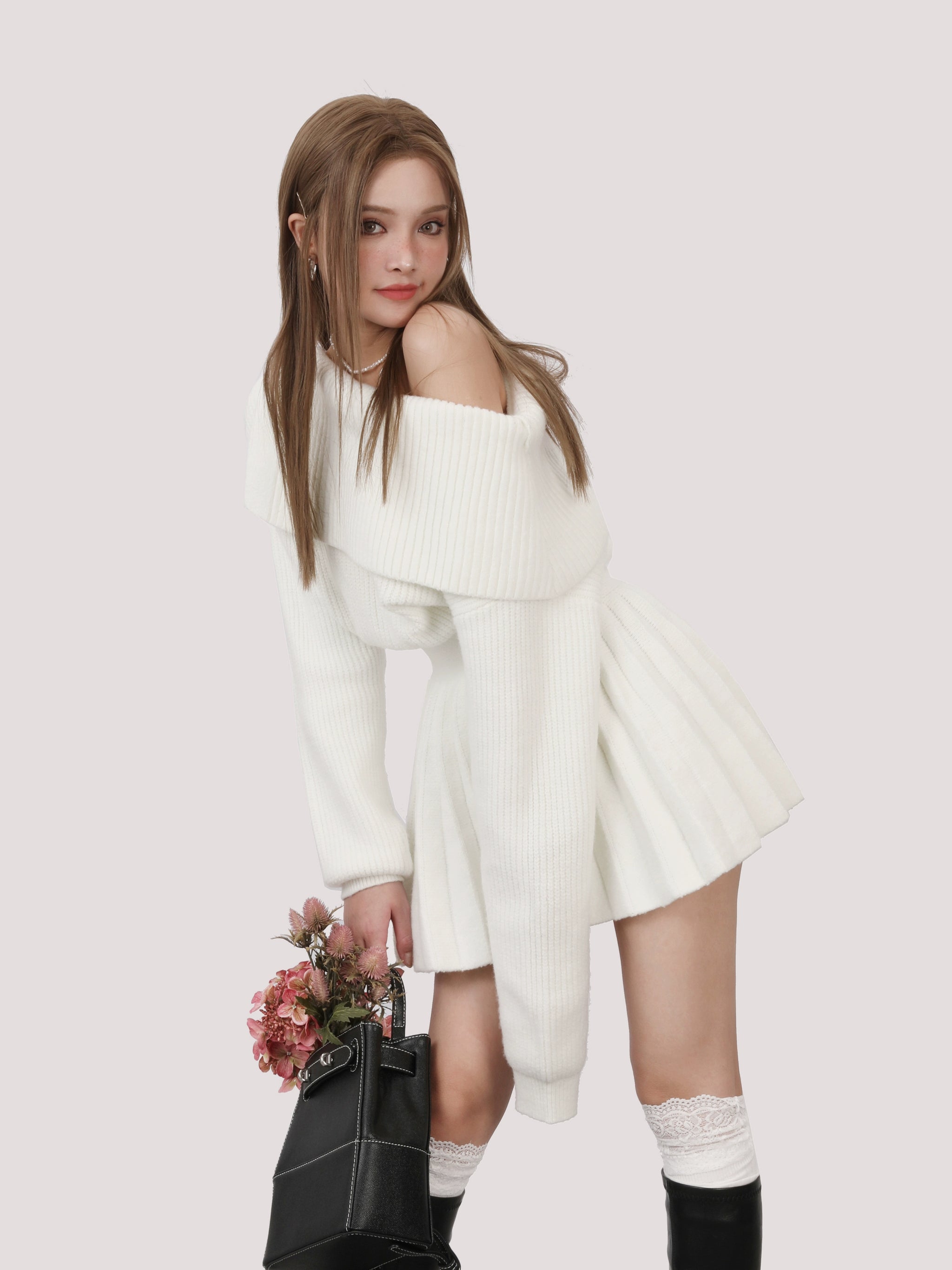 DALLA off shoulder pleats ワンピース ホワイト