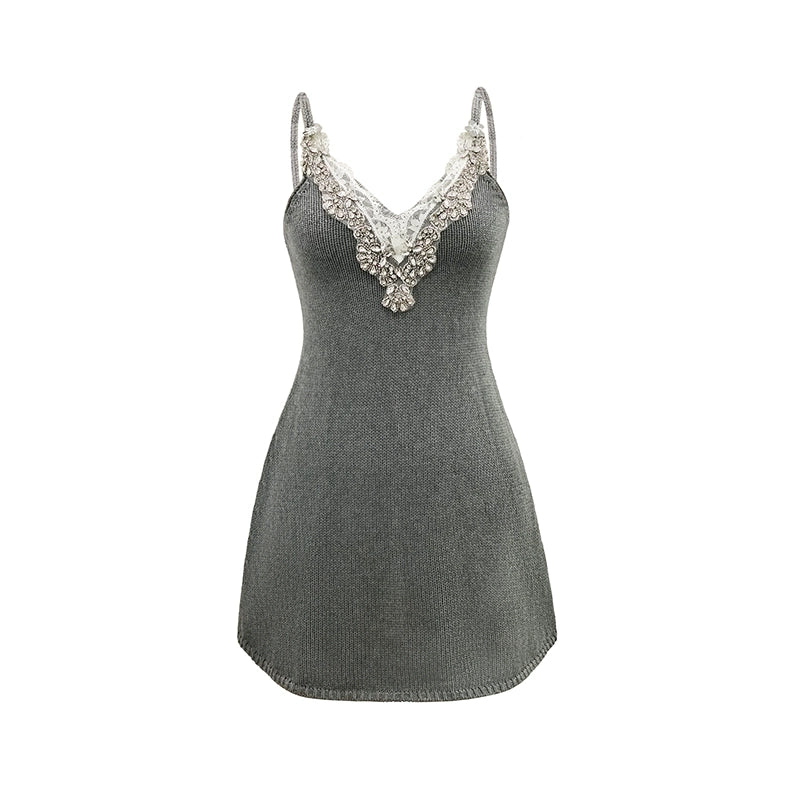 summer waist vneck knit halter dress DL10007