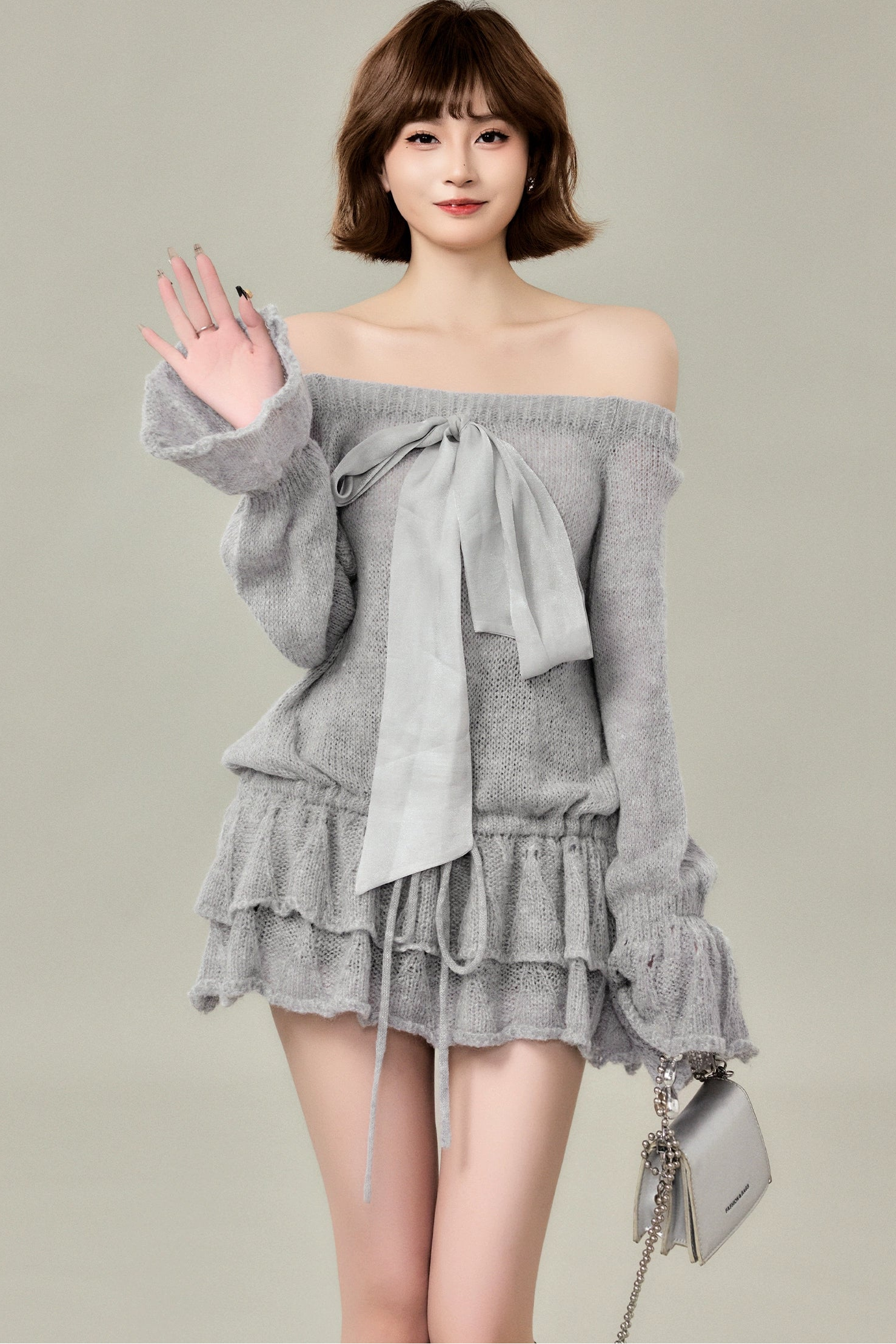 ribbon off-shoulder knit one-piece DL1492