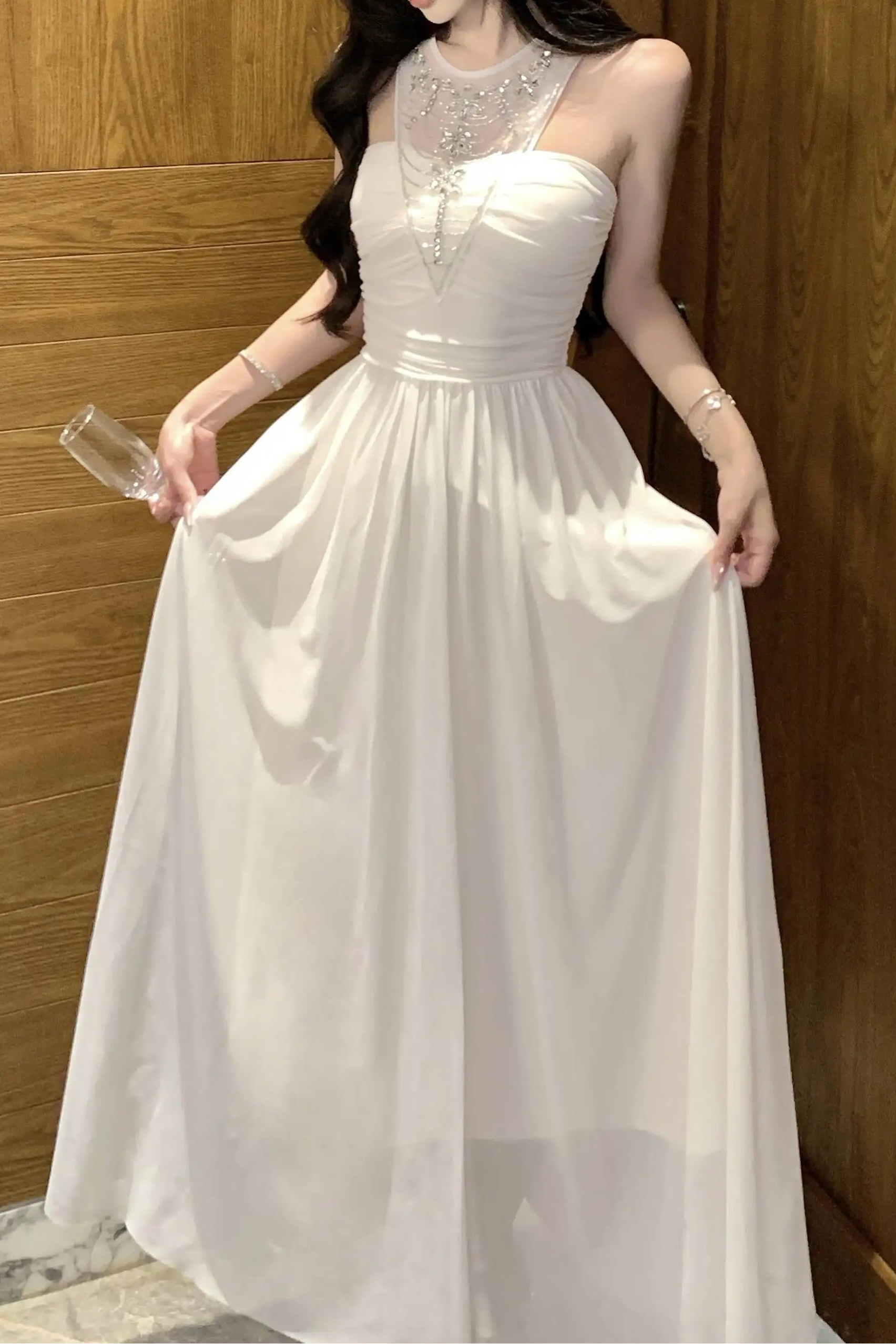 sheer bijou neckline long dress DL1502