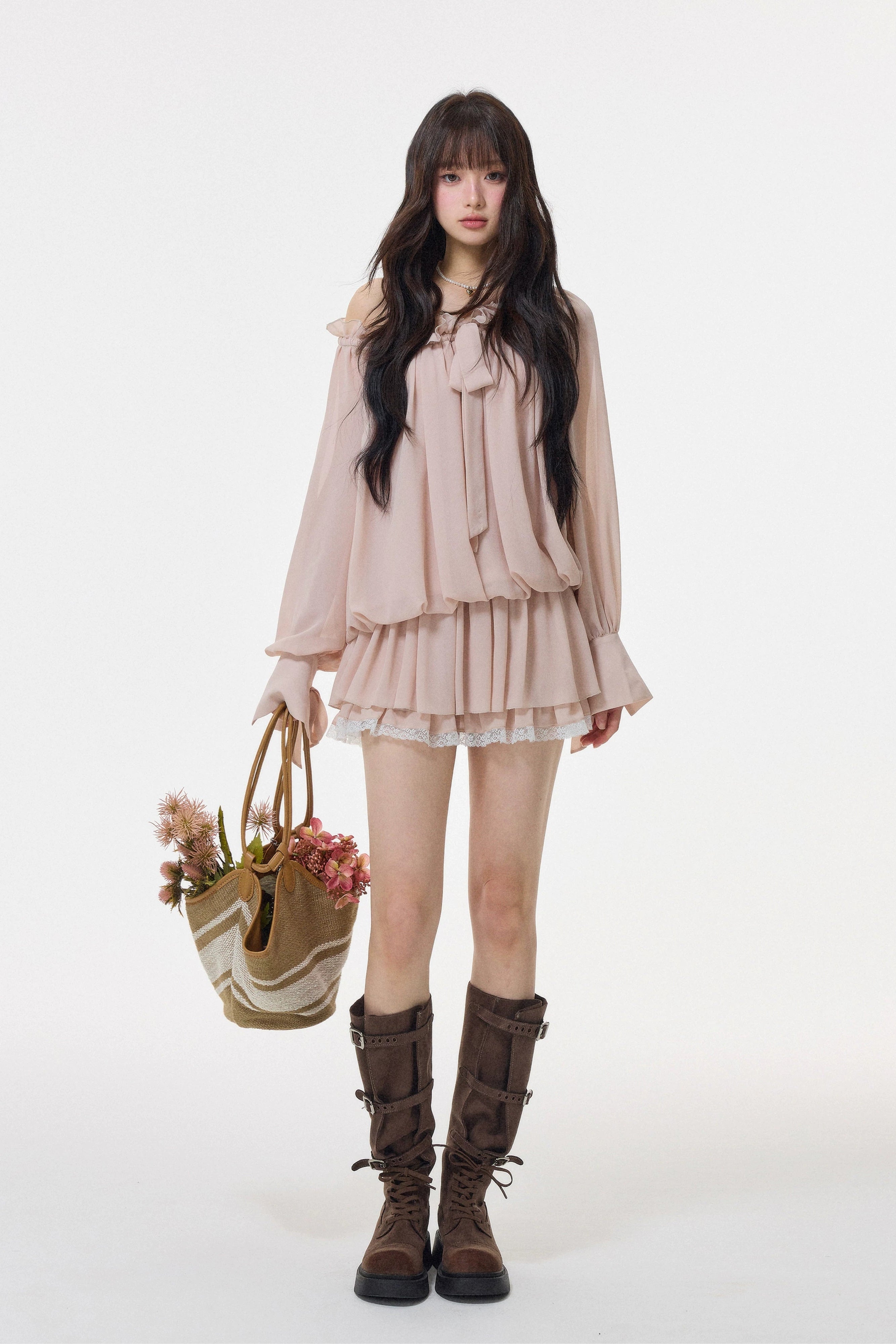chiffon bow tie pleated mini one-piece DL1518