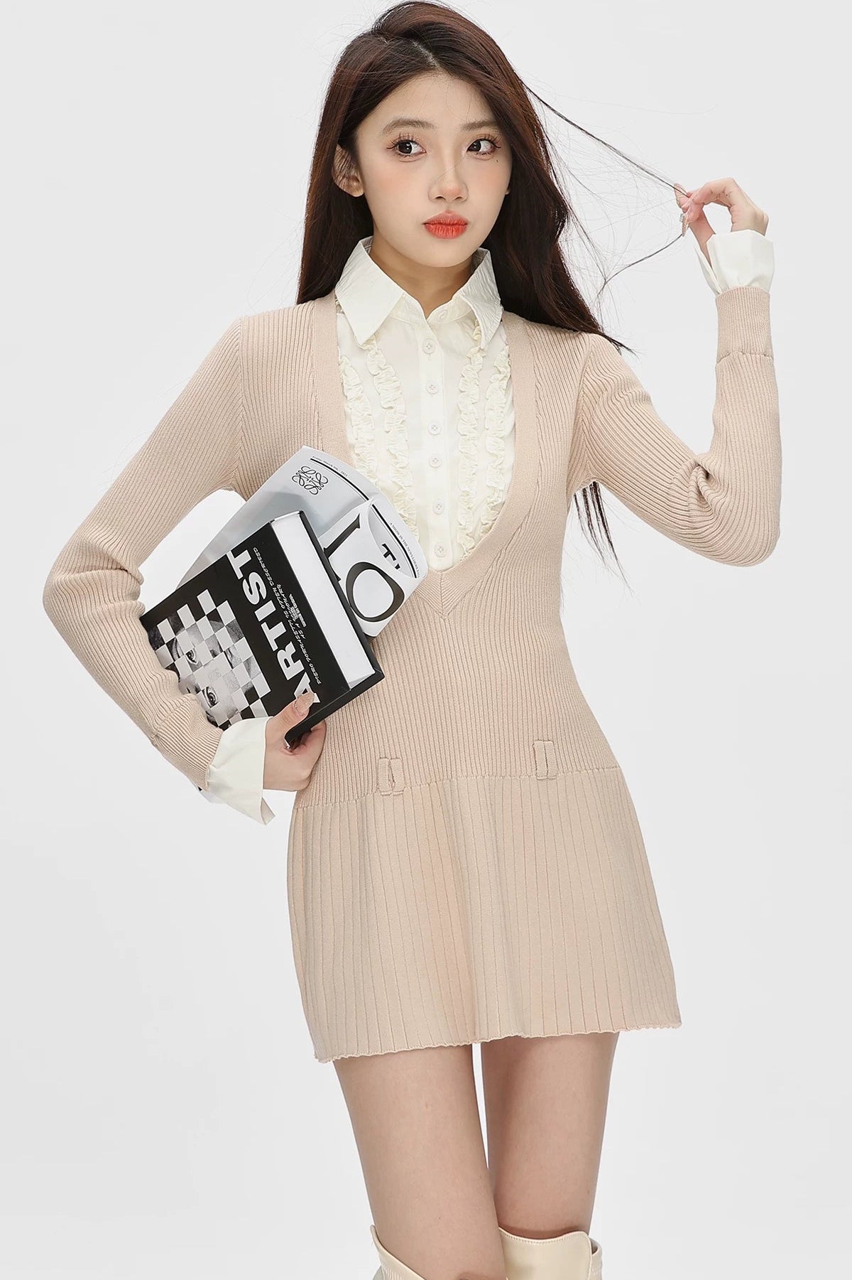 layered shirt frill v-neck knit one-piece DL1478