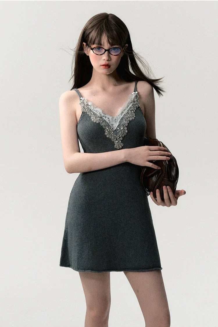 summer waist vneck knit halter dress DL10007