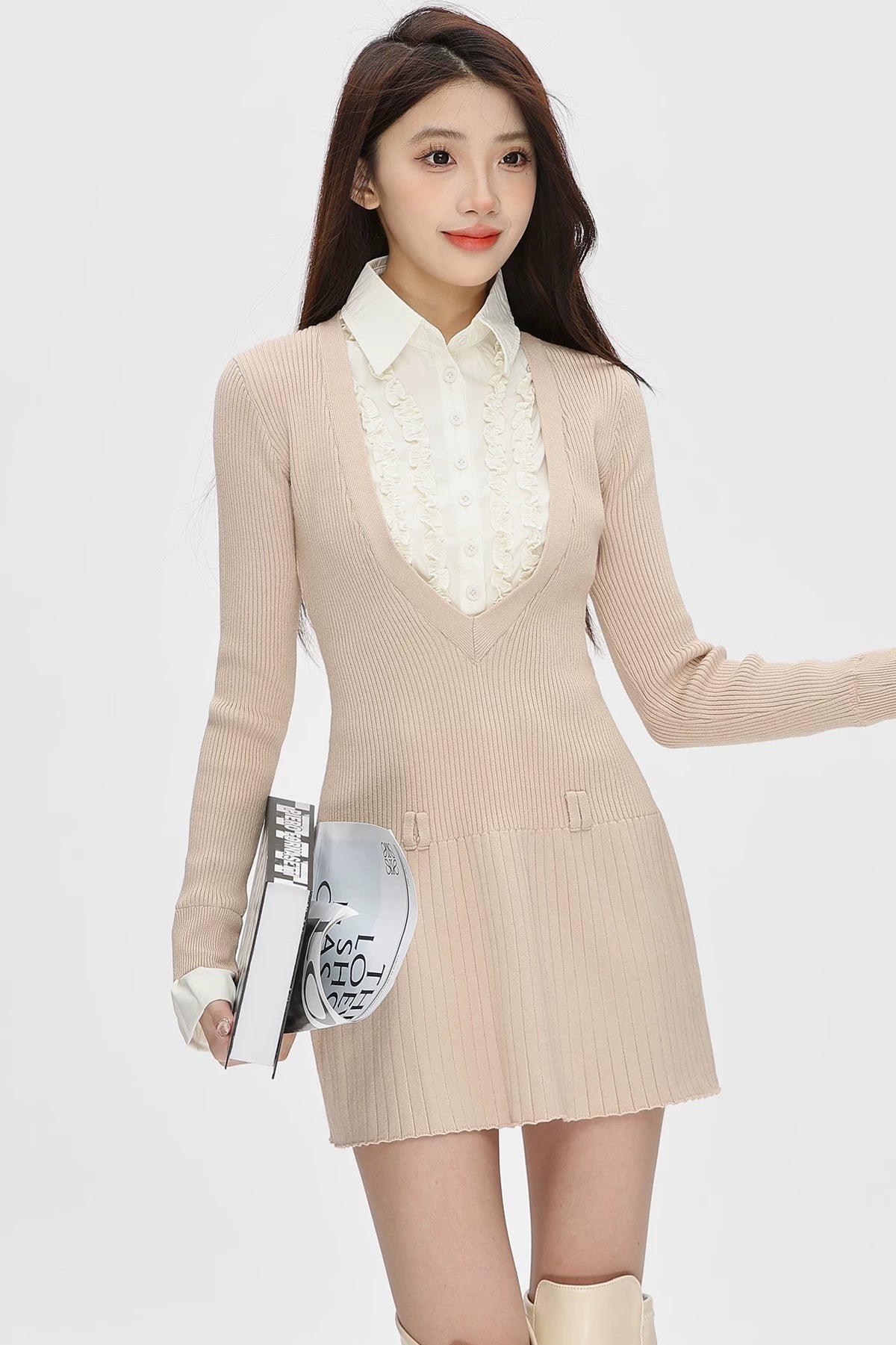 layered shirt frill v-neck knit one-piece DL1478