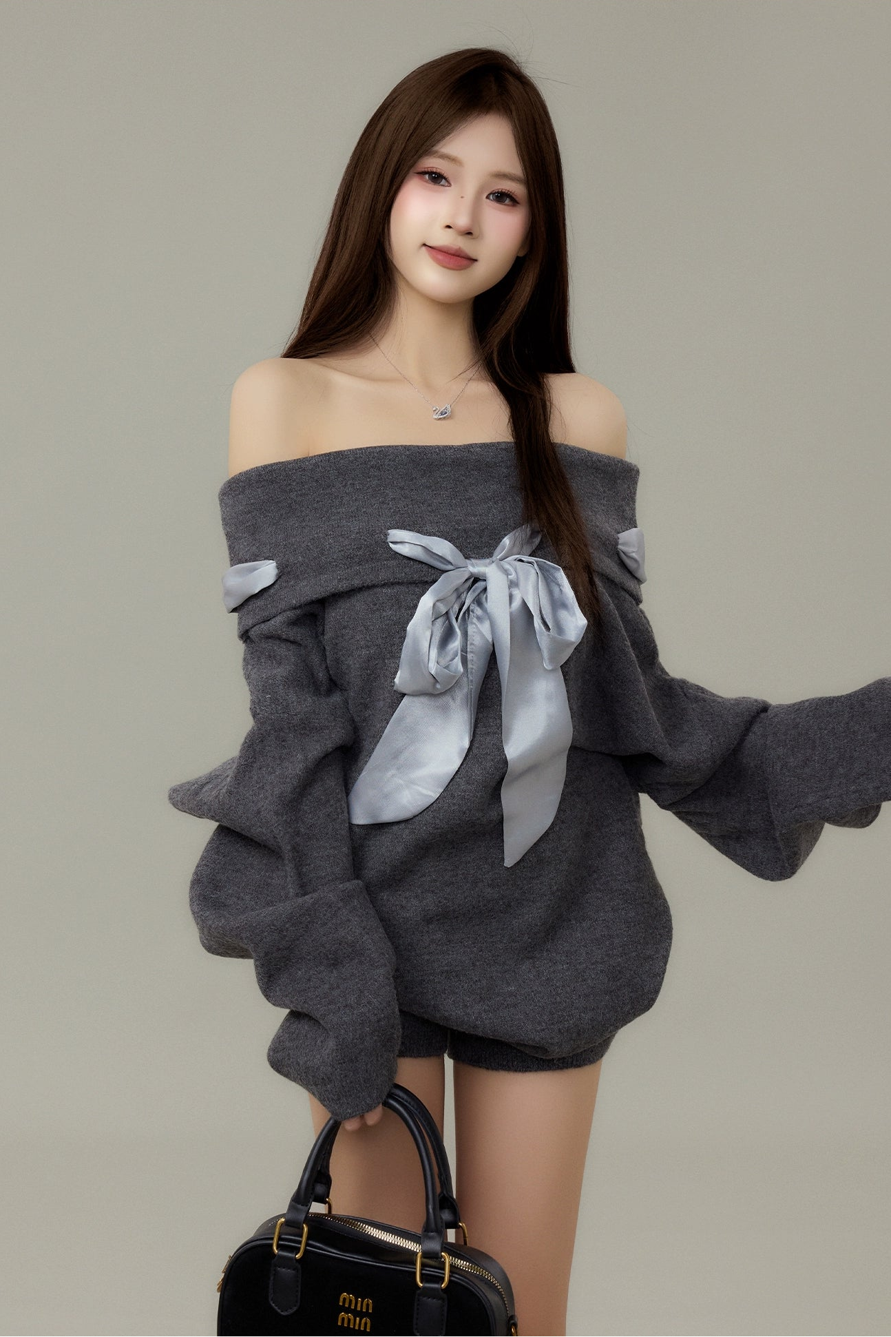 satin ribbon off-shoulder knit set DL1489