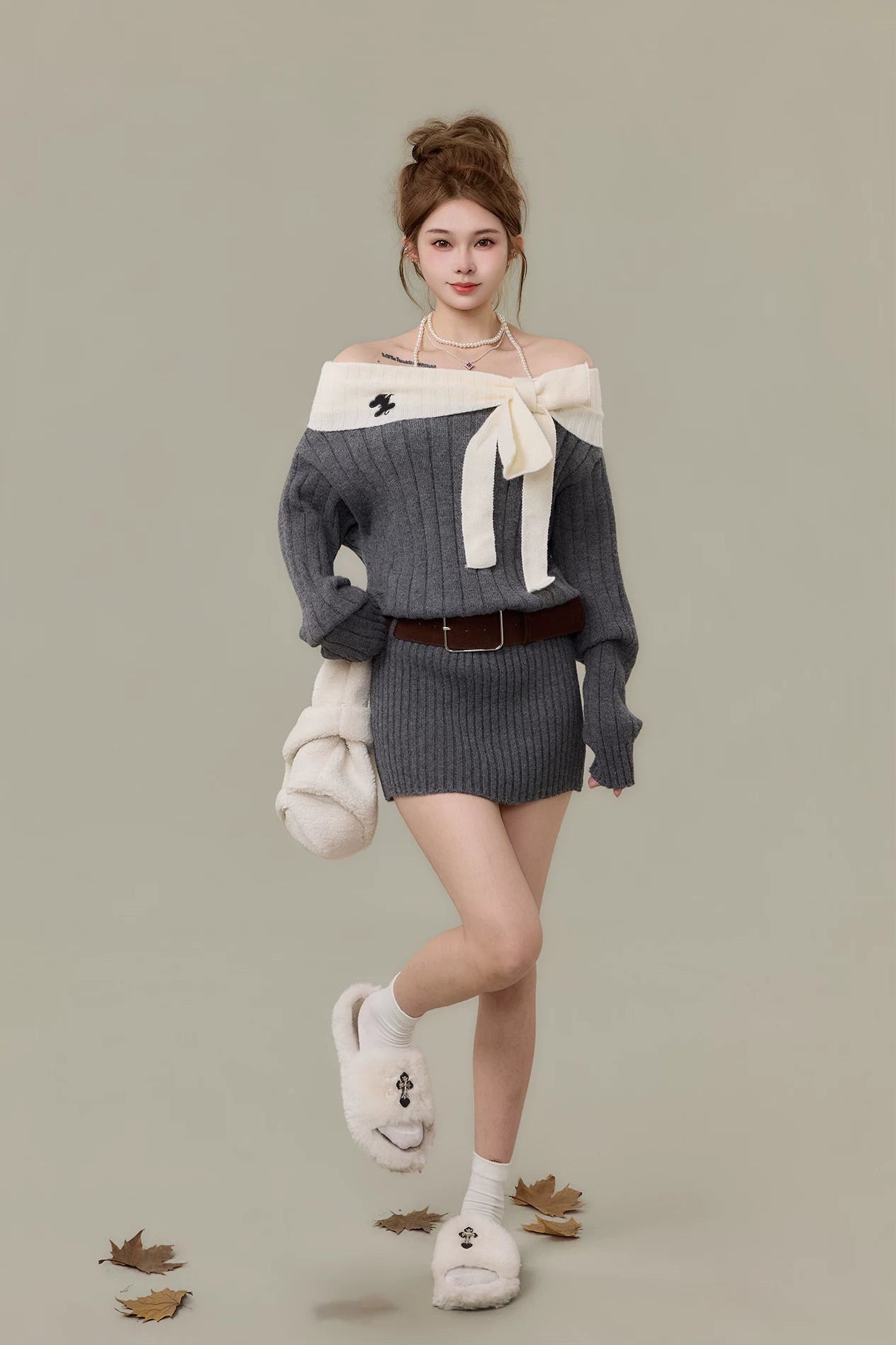 ribbon tie off-shoulder rib knit mini one-piece DL1501