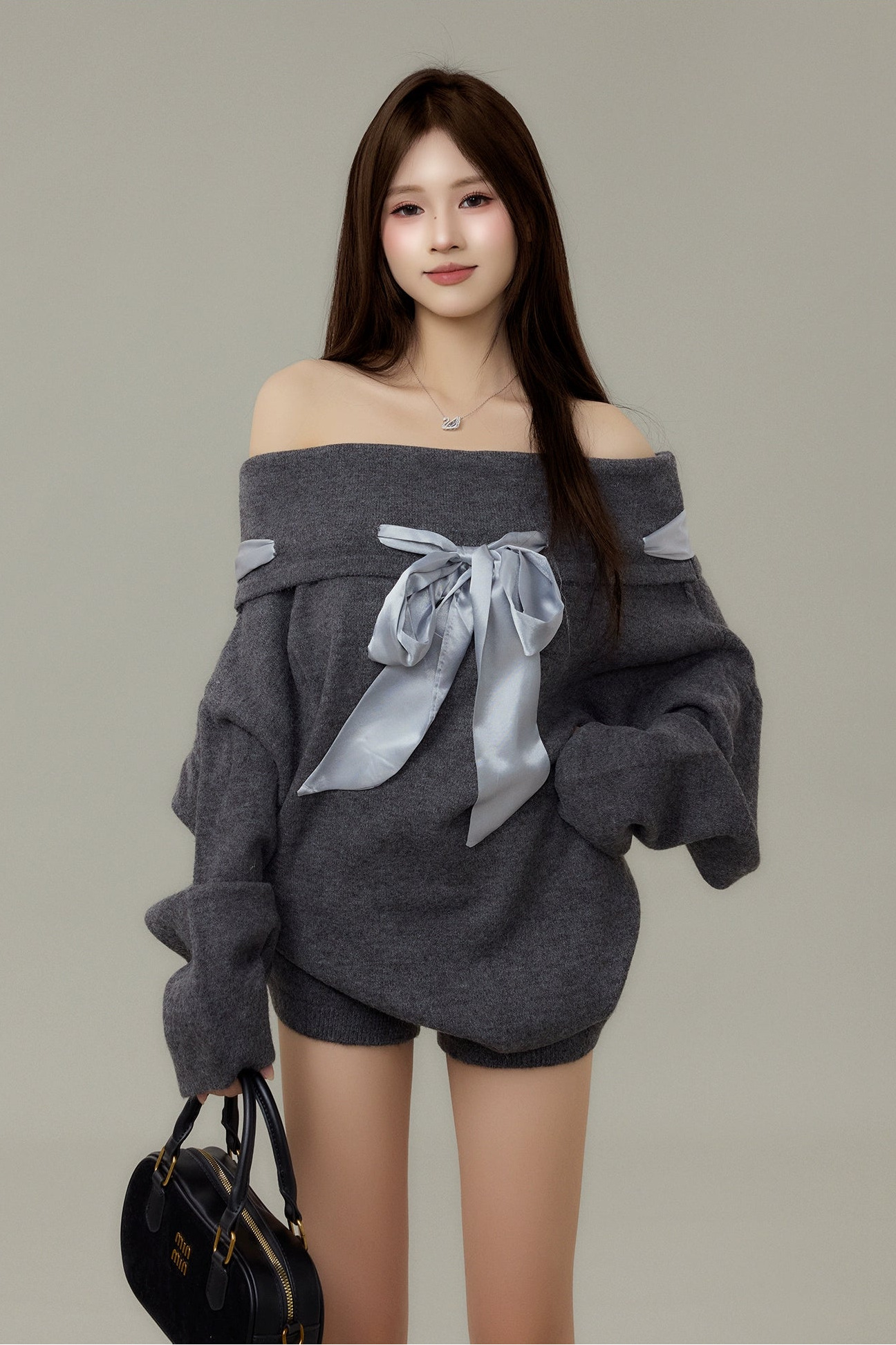 satin ribbon off-shoulder knit set DL1489