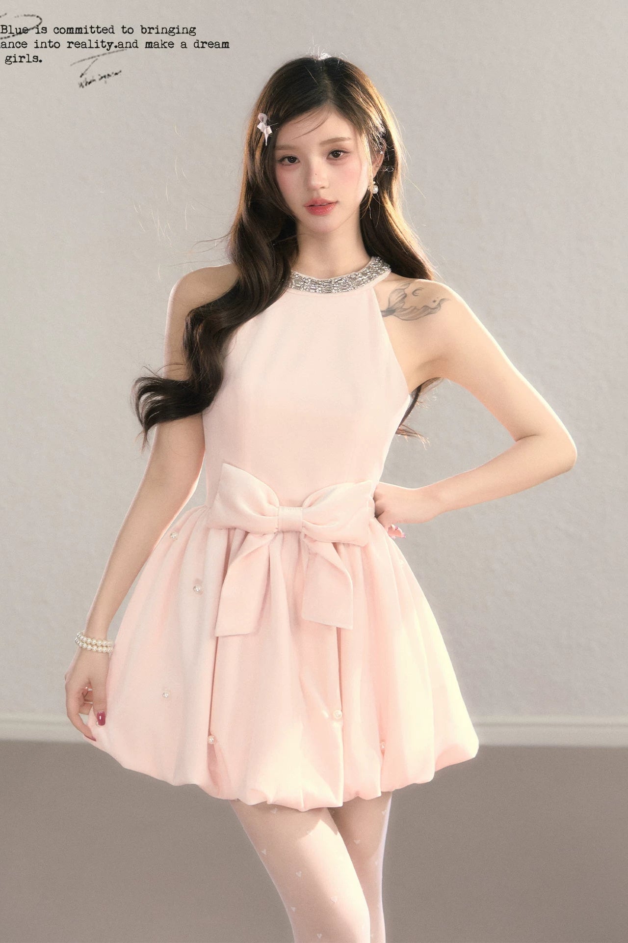crystal neck ribbon flare mini dress DL1514