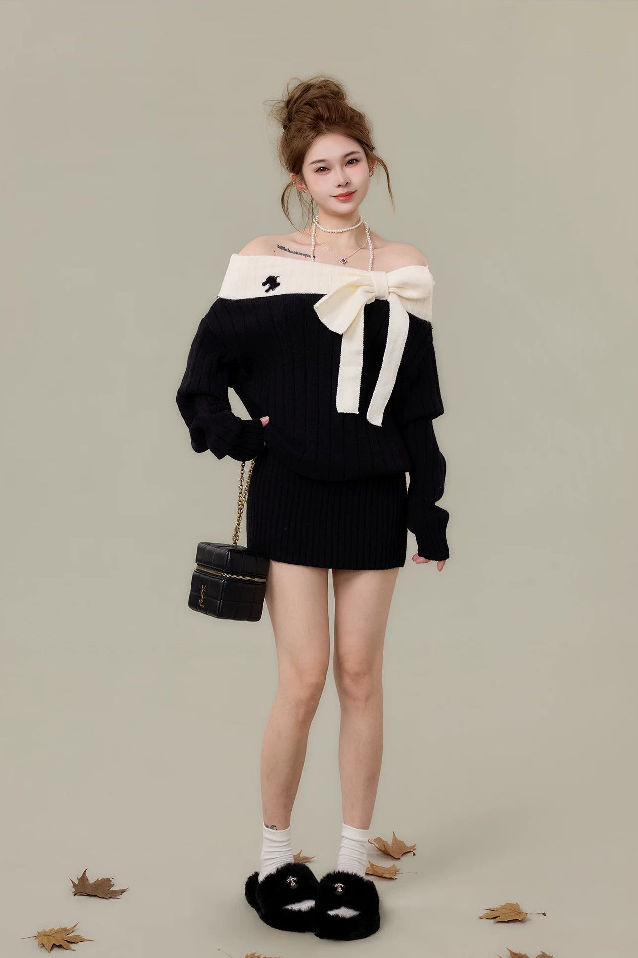 ribbon tie off-shoulder rib knit mini one-piece DL1501