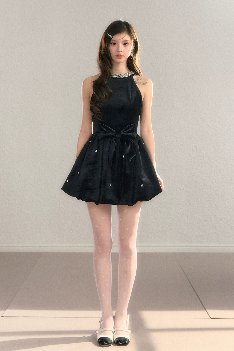 crystal neck ribbon flare mini dress DL1514