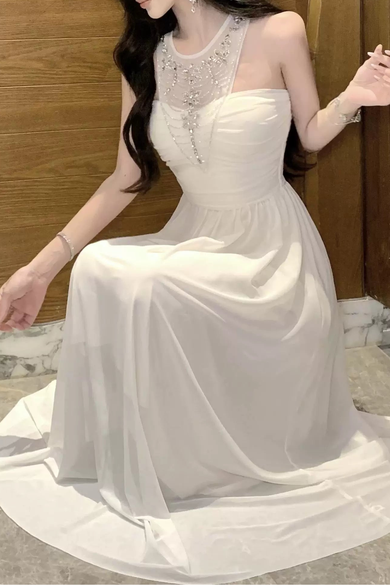 sheer bijou neckline long dress DL1502
