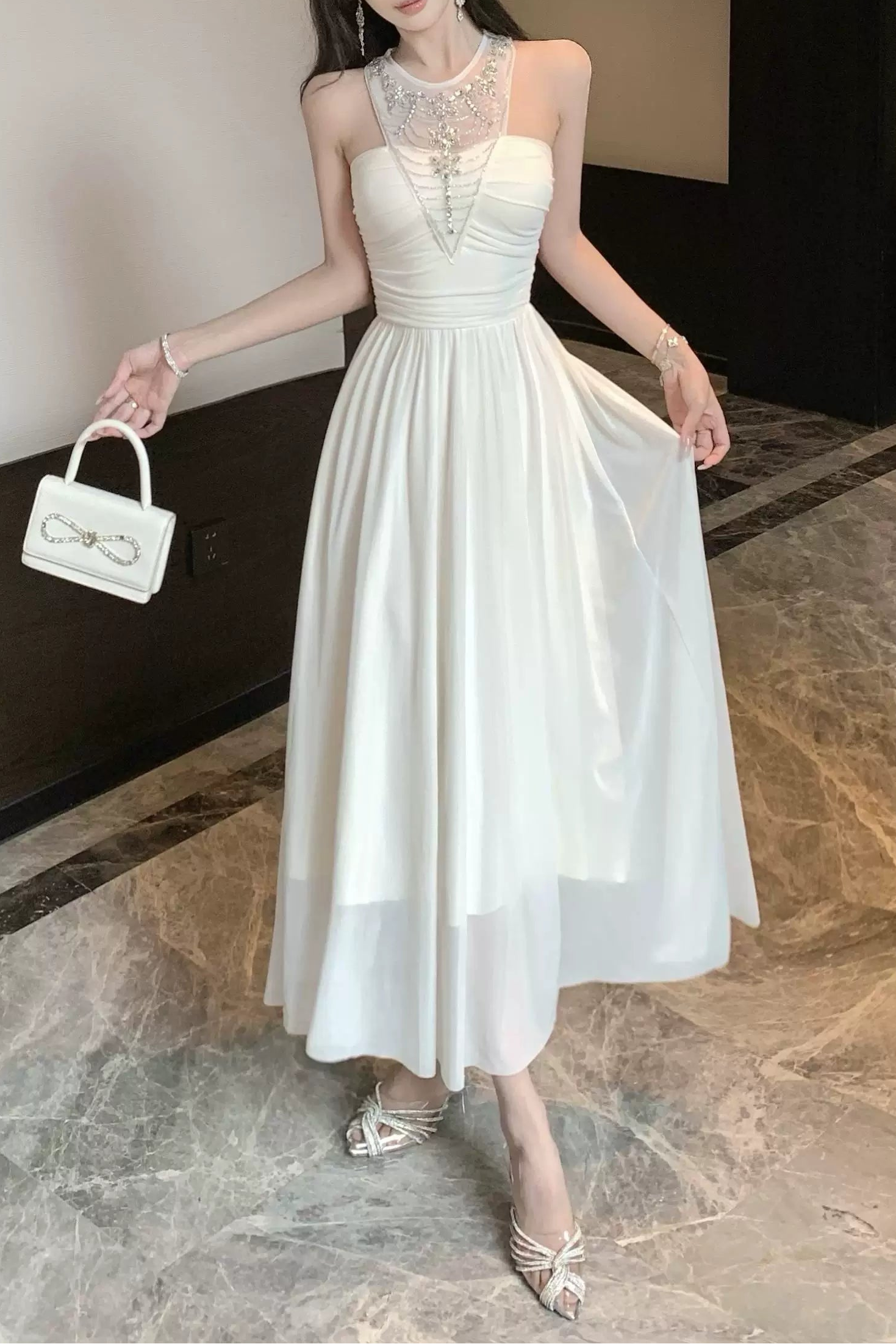sheer bijou neckline long dress DL1502