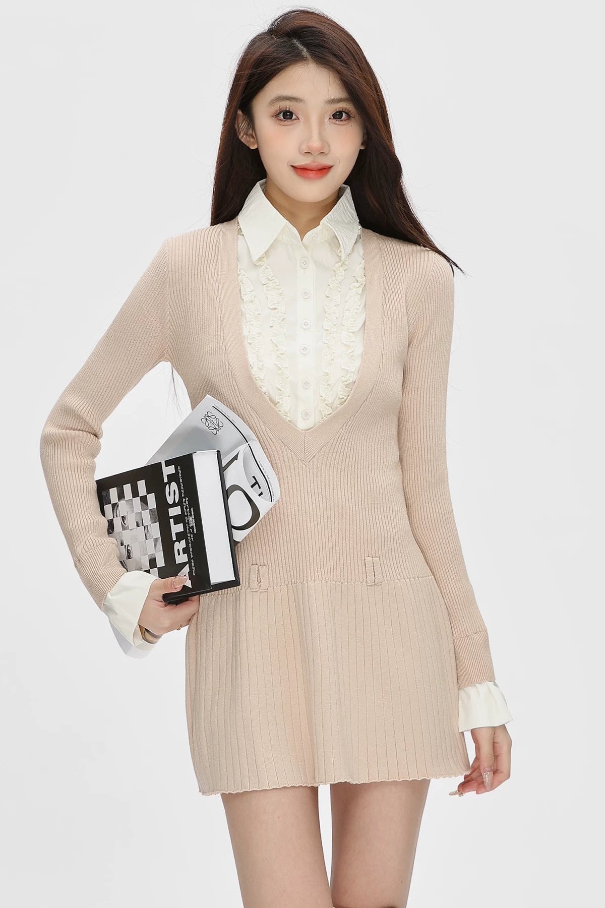 layered shirt frill v-neck knit one-piece DL1478