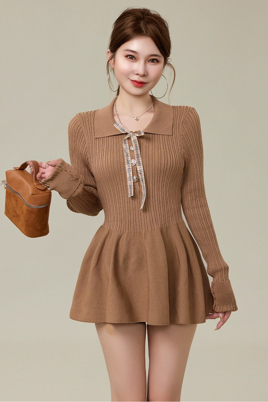 ribbon collar pearl button knit one-piece DL1487
