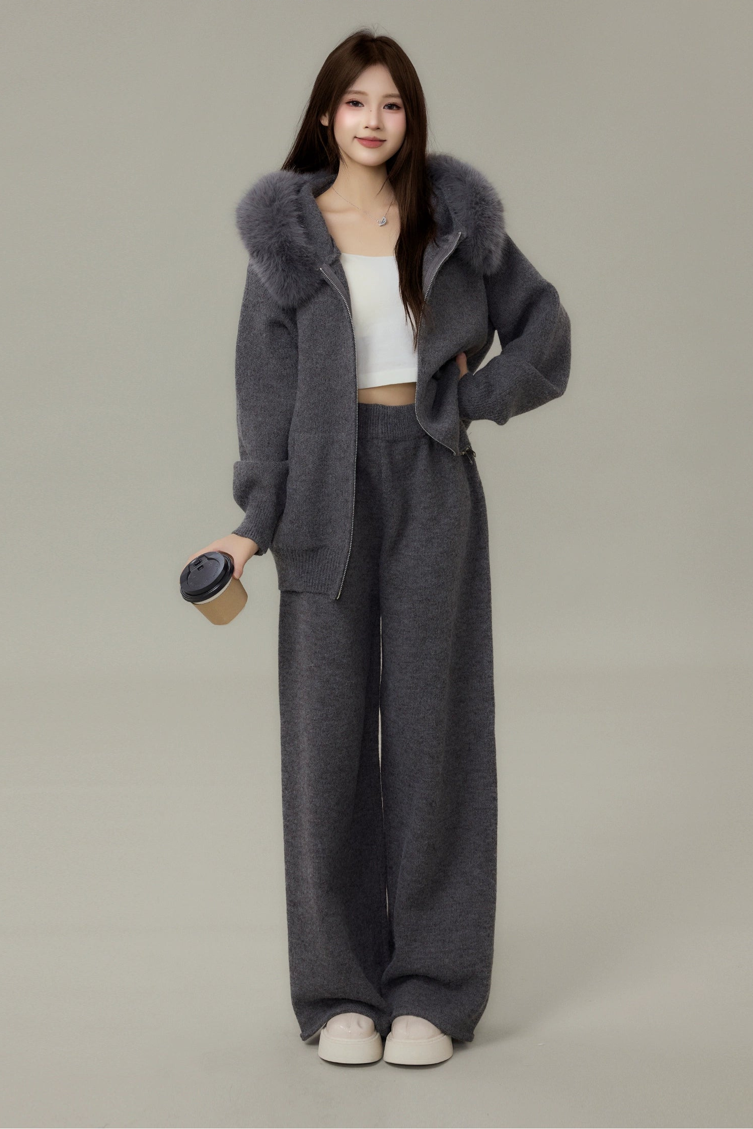 faux fur hoodie knit set DL1491